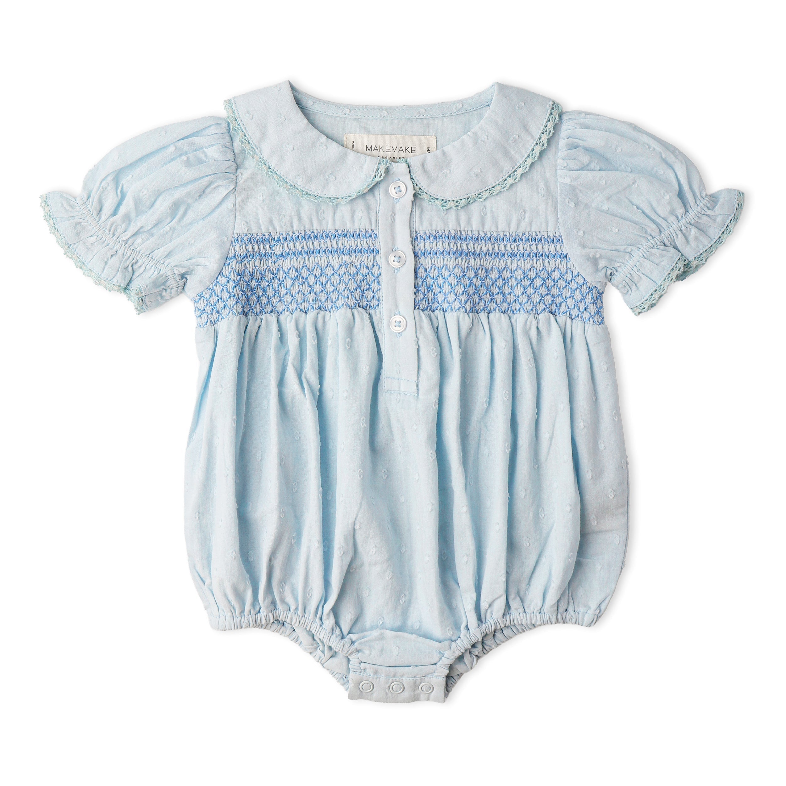 Makemake Organics - Organic Smocked Button Romper - Light Blue