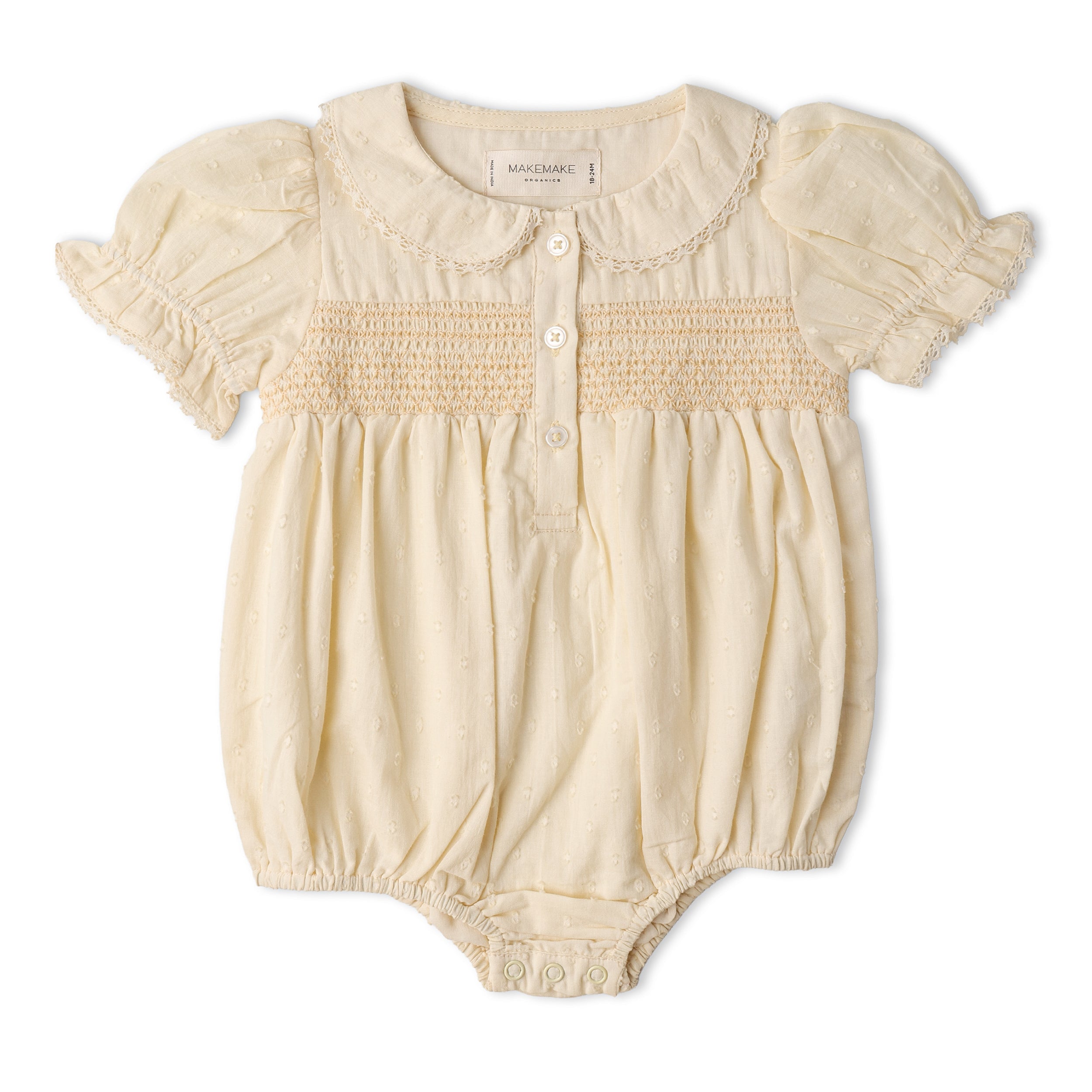 Makemake Organics - Organic Smocked Button Romper - Butter Yellow