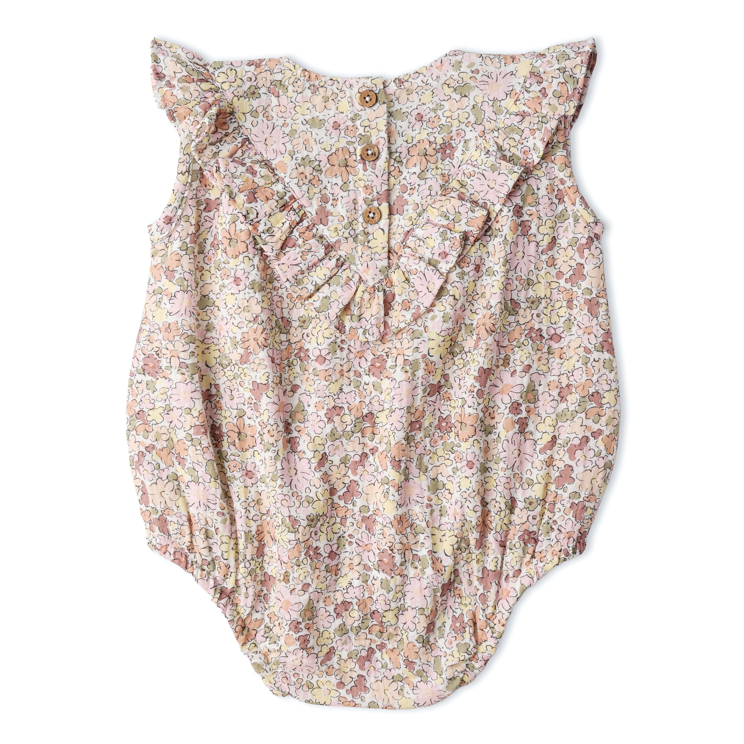 Makemake Organics - Organic Sleeveless Ruffle Bubble Romper - Pastel Bloom