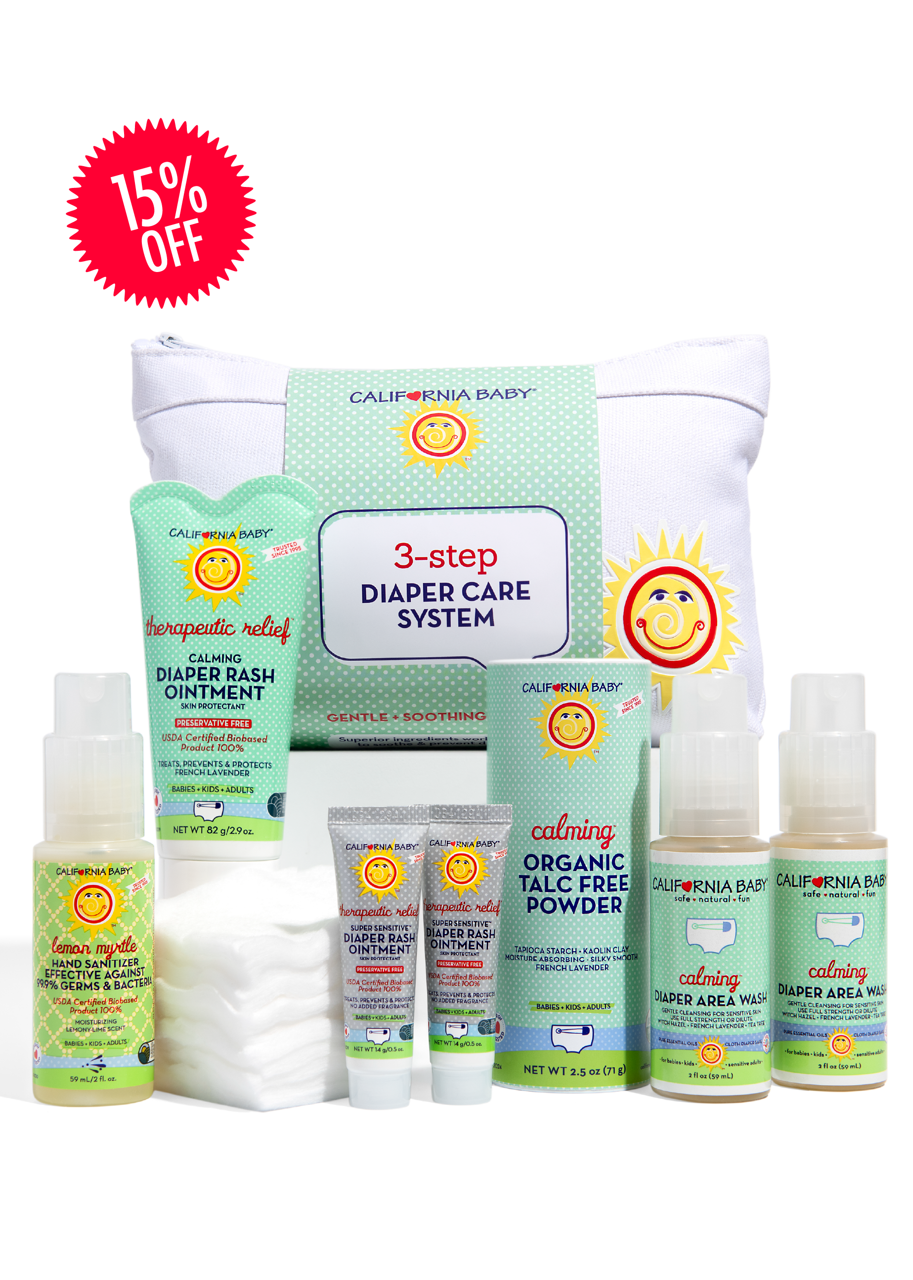 California Baby product set with various items including ointment, powder, and wipes on a white background.