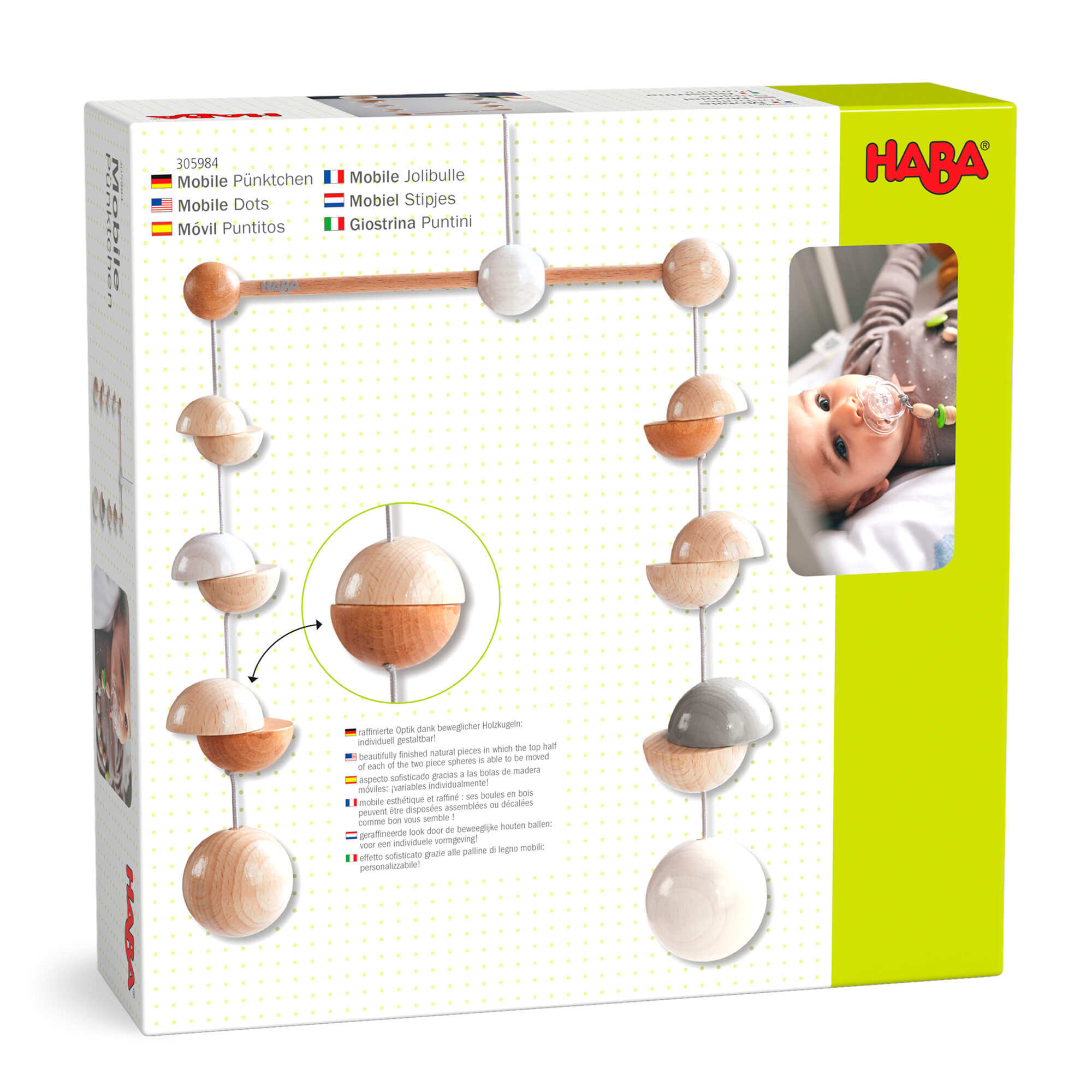 HABA baby mobile toy packaging with wooden and fabric elements