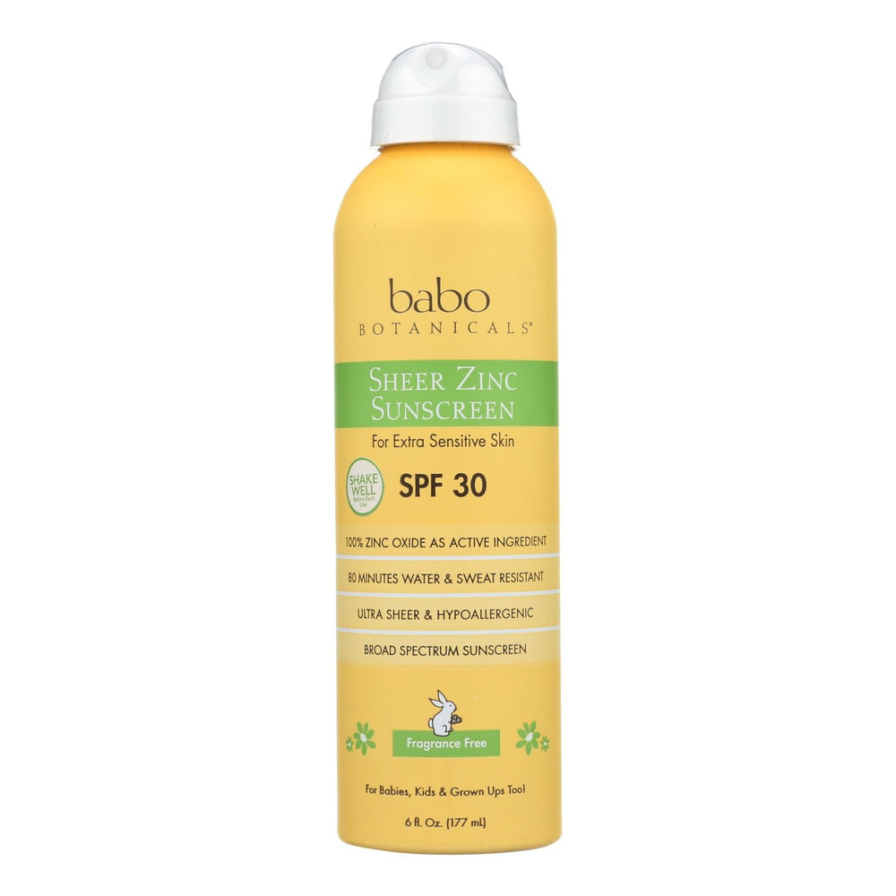 Babo Botanicals sheer mineral sunscreen spray bottle on a white background