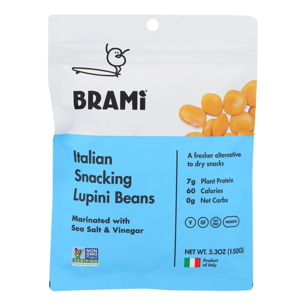 White and Blue package that says Brami Italian Snacking Lupini Beans on white background