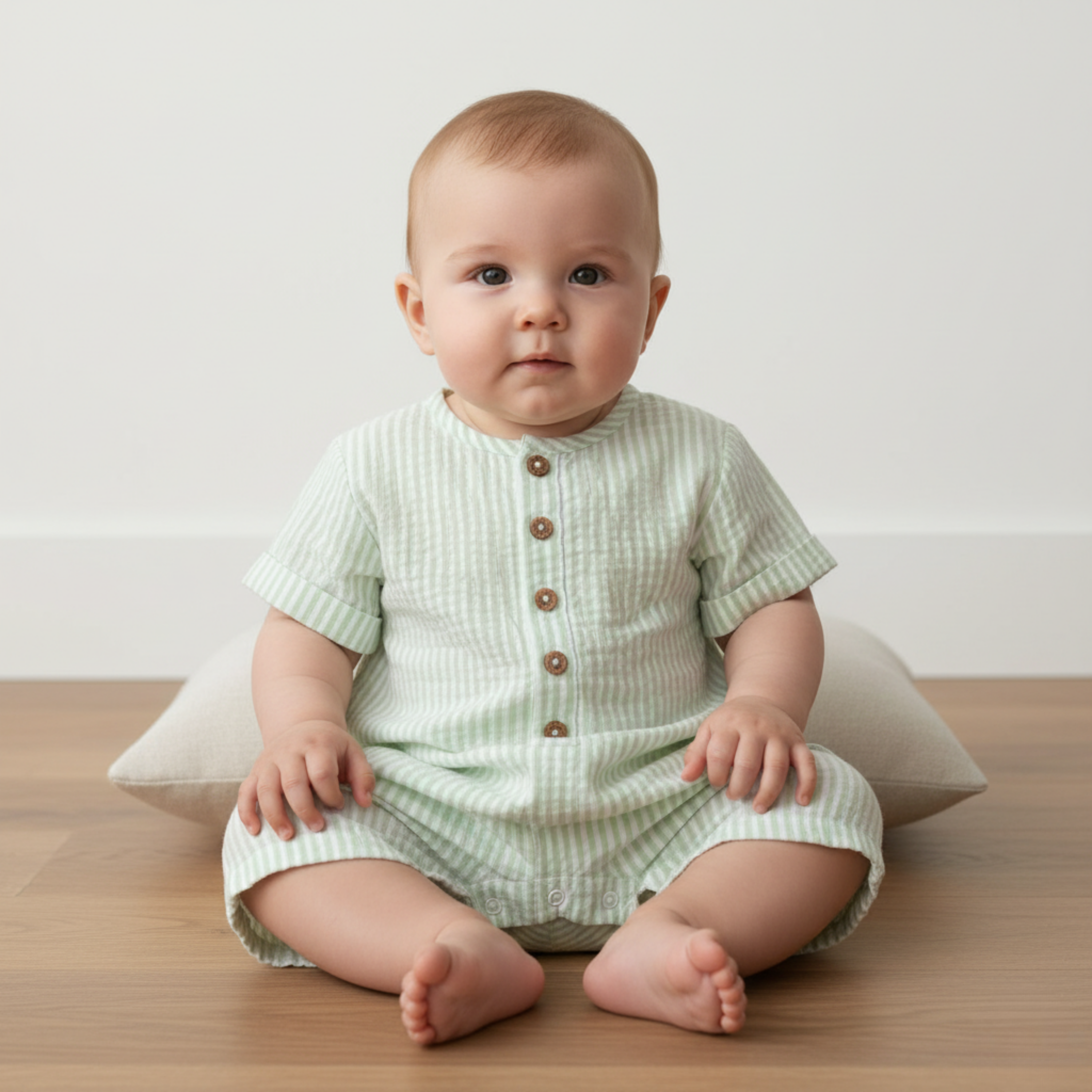 Makemake Organics - Organic Short Bubble Romper - Basil Stripes