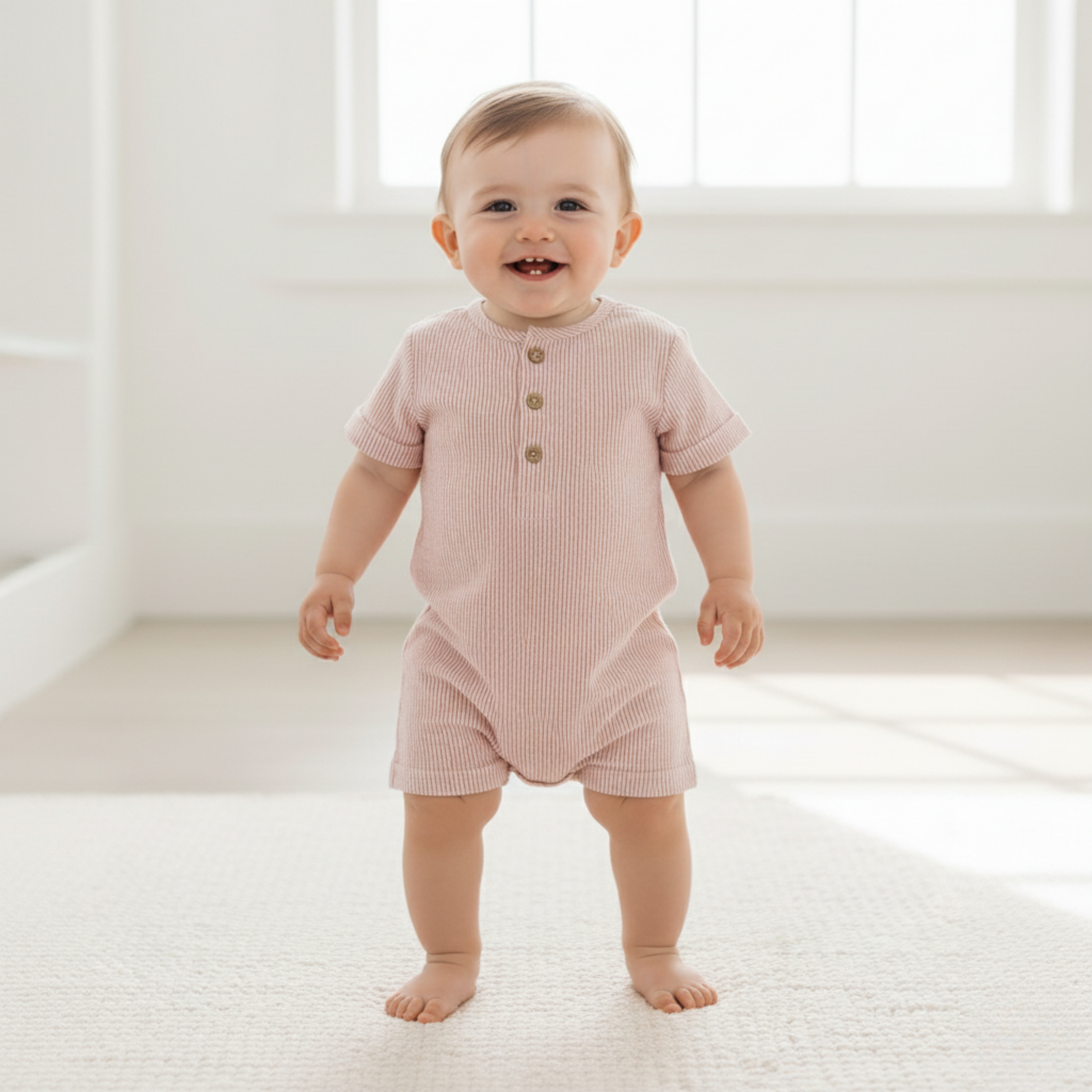 Makemake Organics - Organic Short Bubble Romper - Coral Stripes
