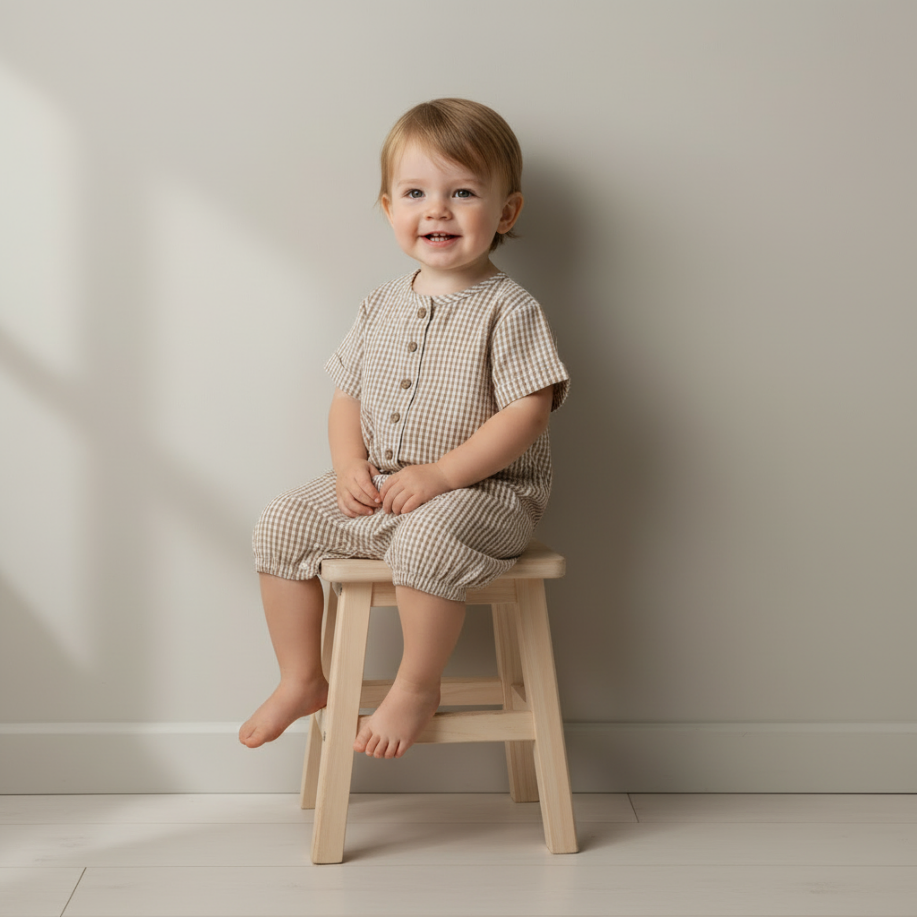 Makemake Organics - Organic Short Bubble Romper - Caramel Check