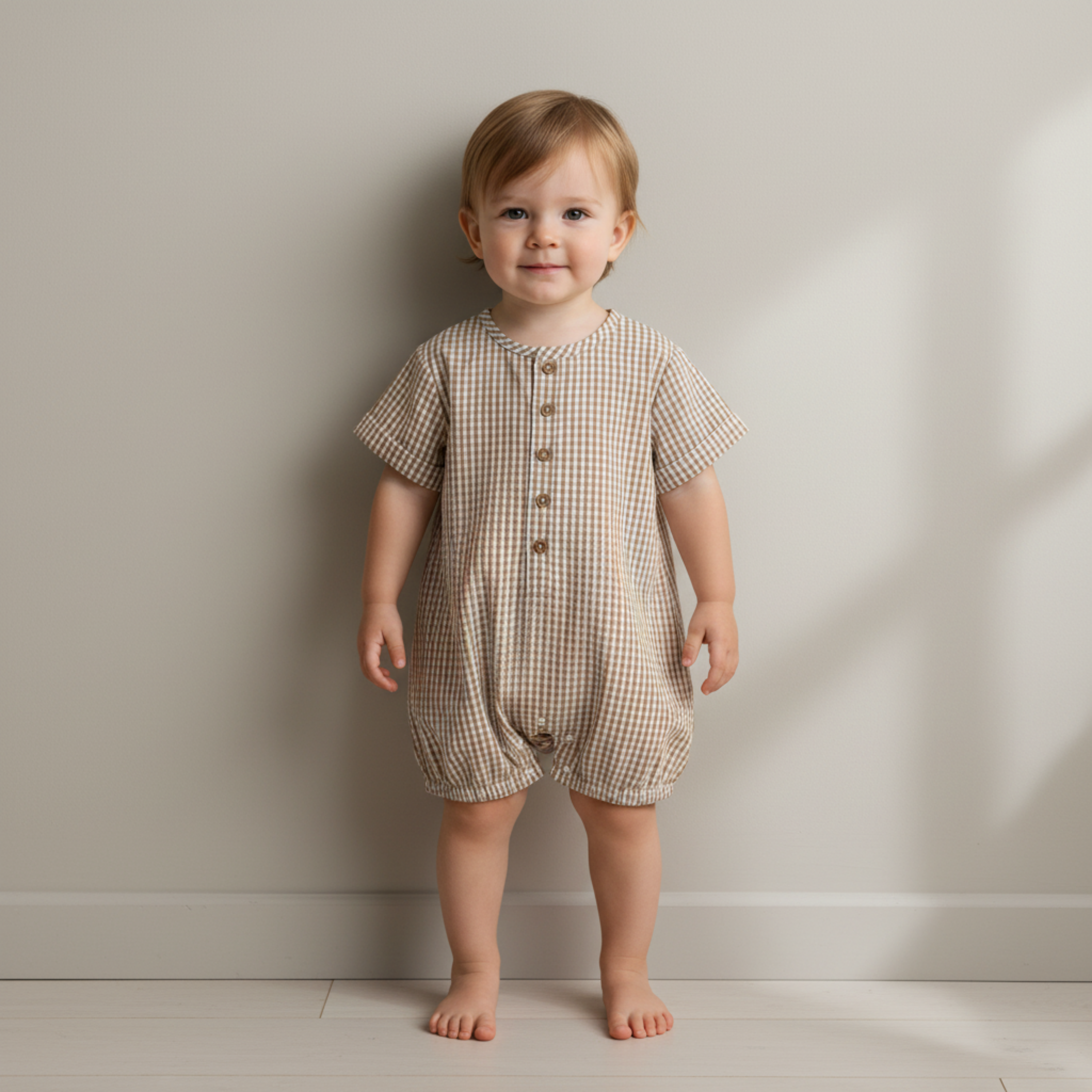 Makemake Organics - Organic Short Bubble Romper - Caramel Check