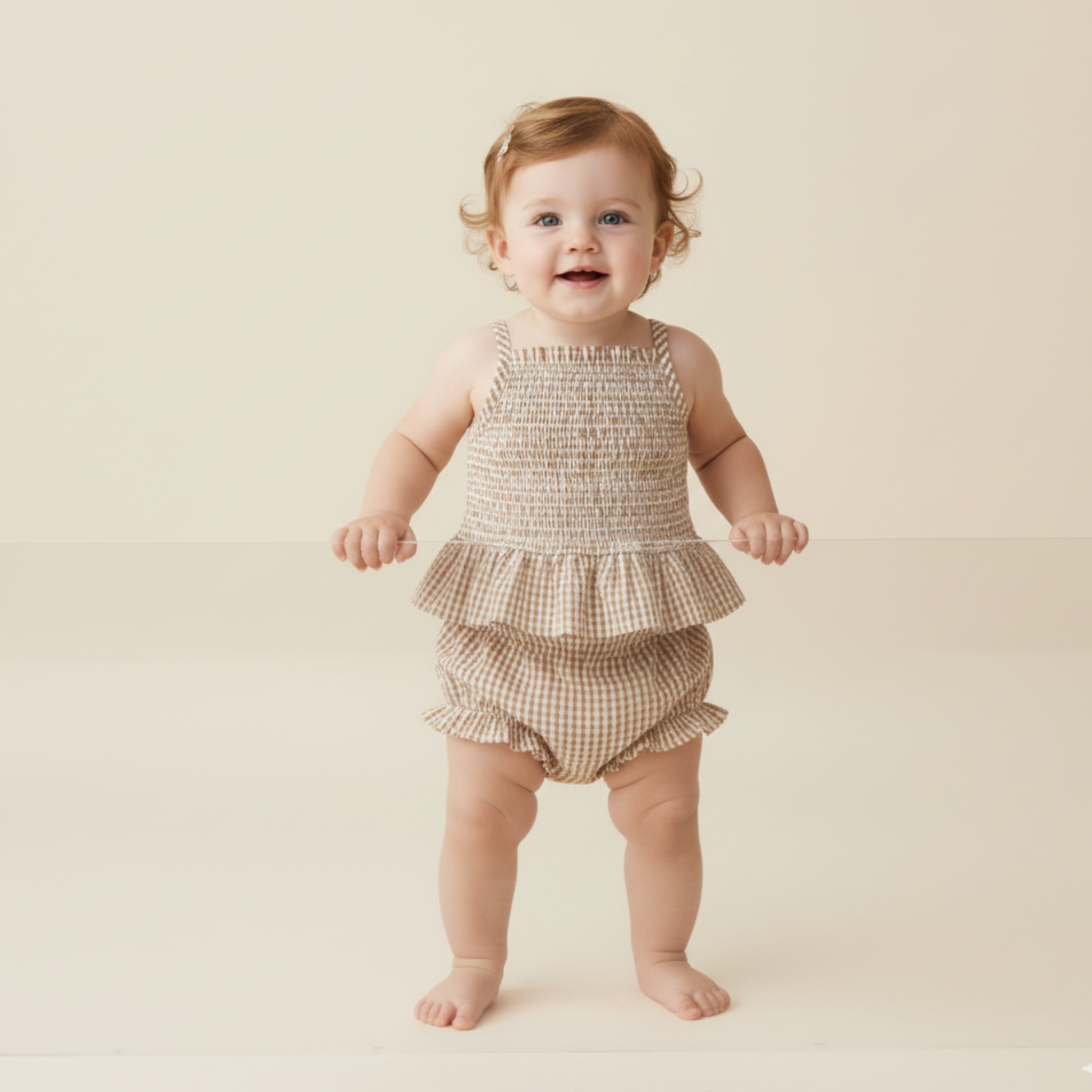 Makemake Organics - Organic Smocked Top And Bloomer Set - Caramel Check