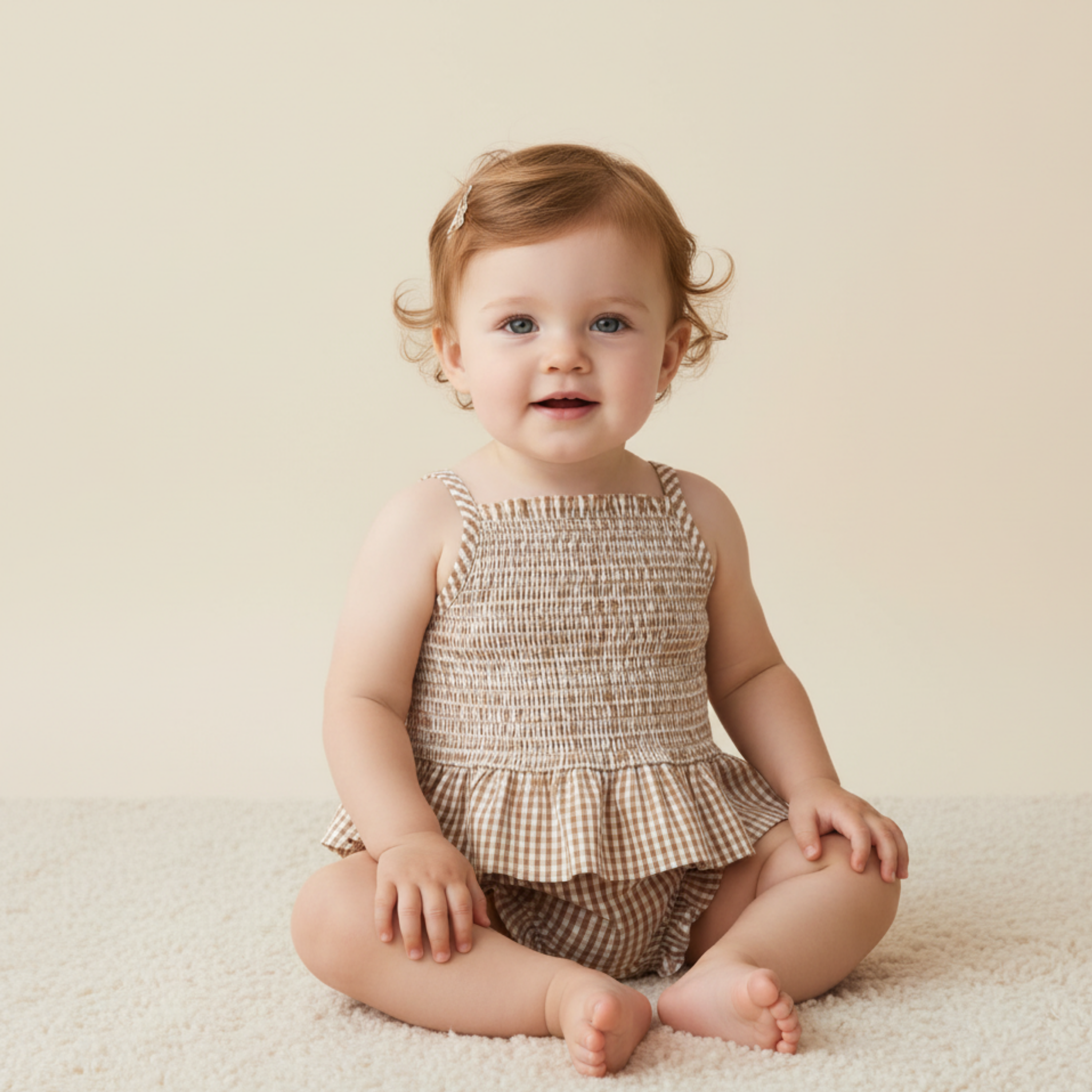 Makemake Organics - Organic Smocked Top And Bloomer Set - Caramel Check