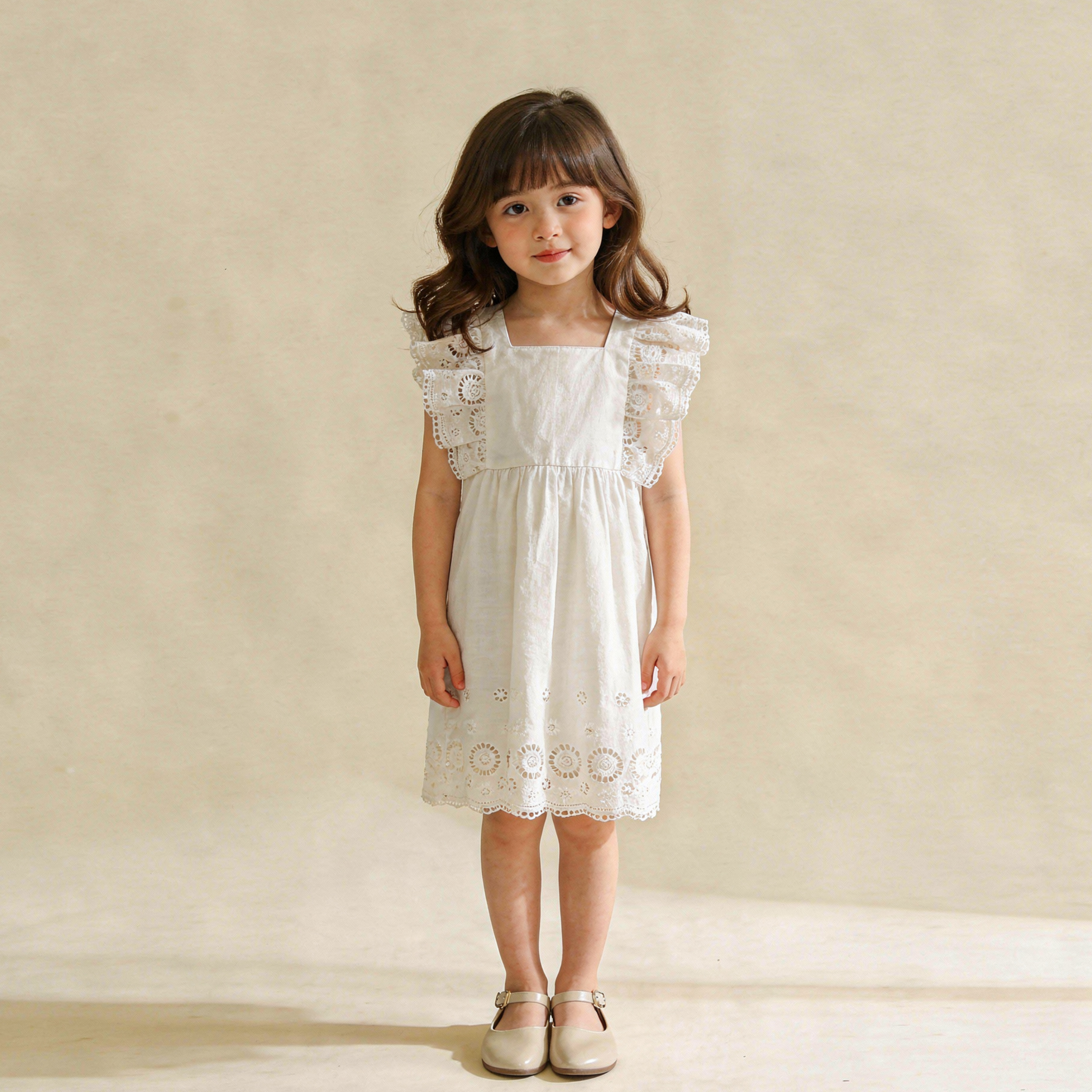 Makemake Organics - Organic Eyelet Flutter Dress - Ivory Eyelet