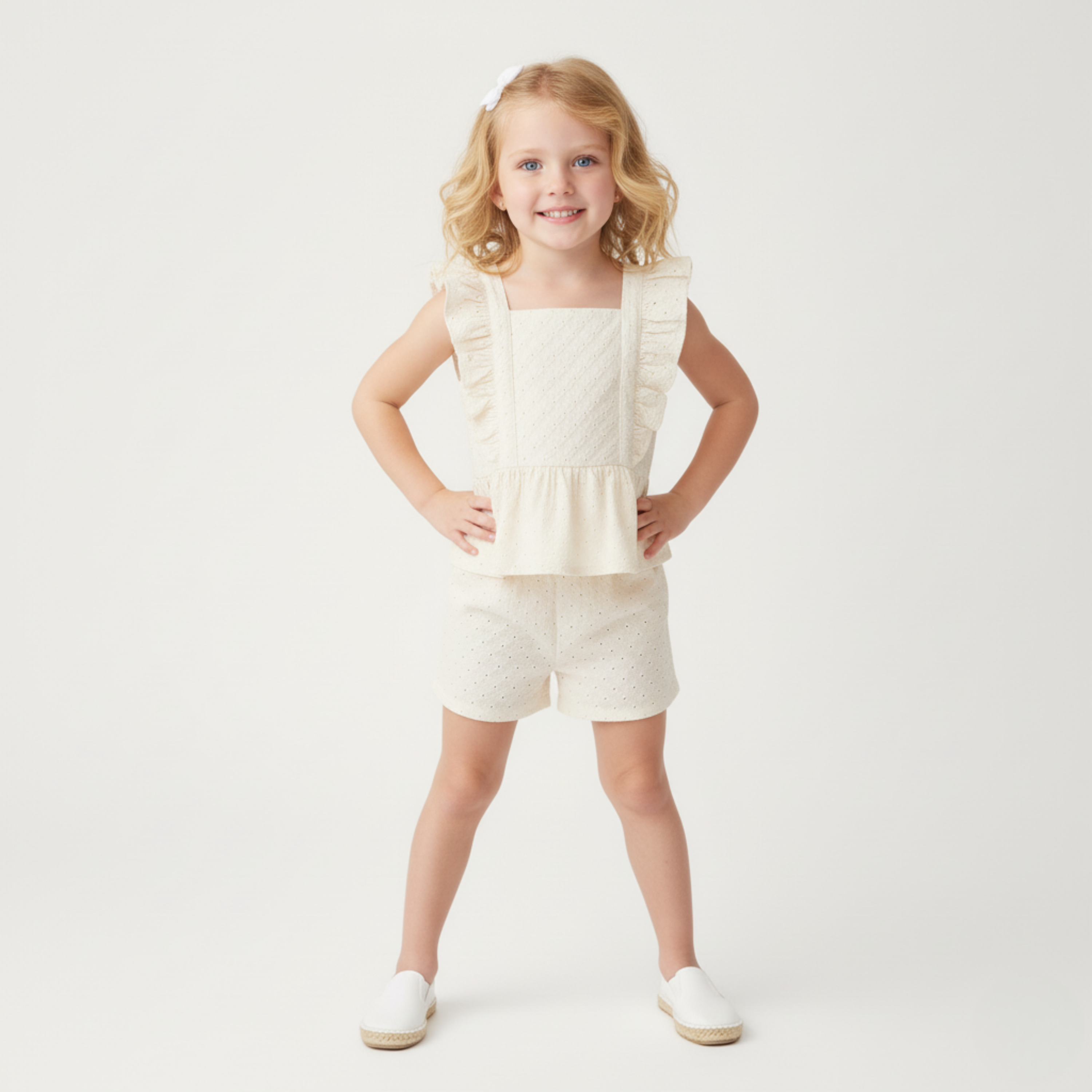 Makemake Organics - Organic Eyelet Flutter Top And Shorts Set - Ivory Eyelet