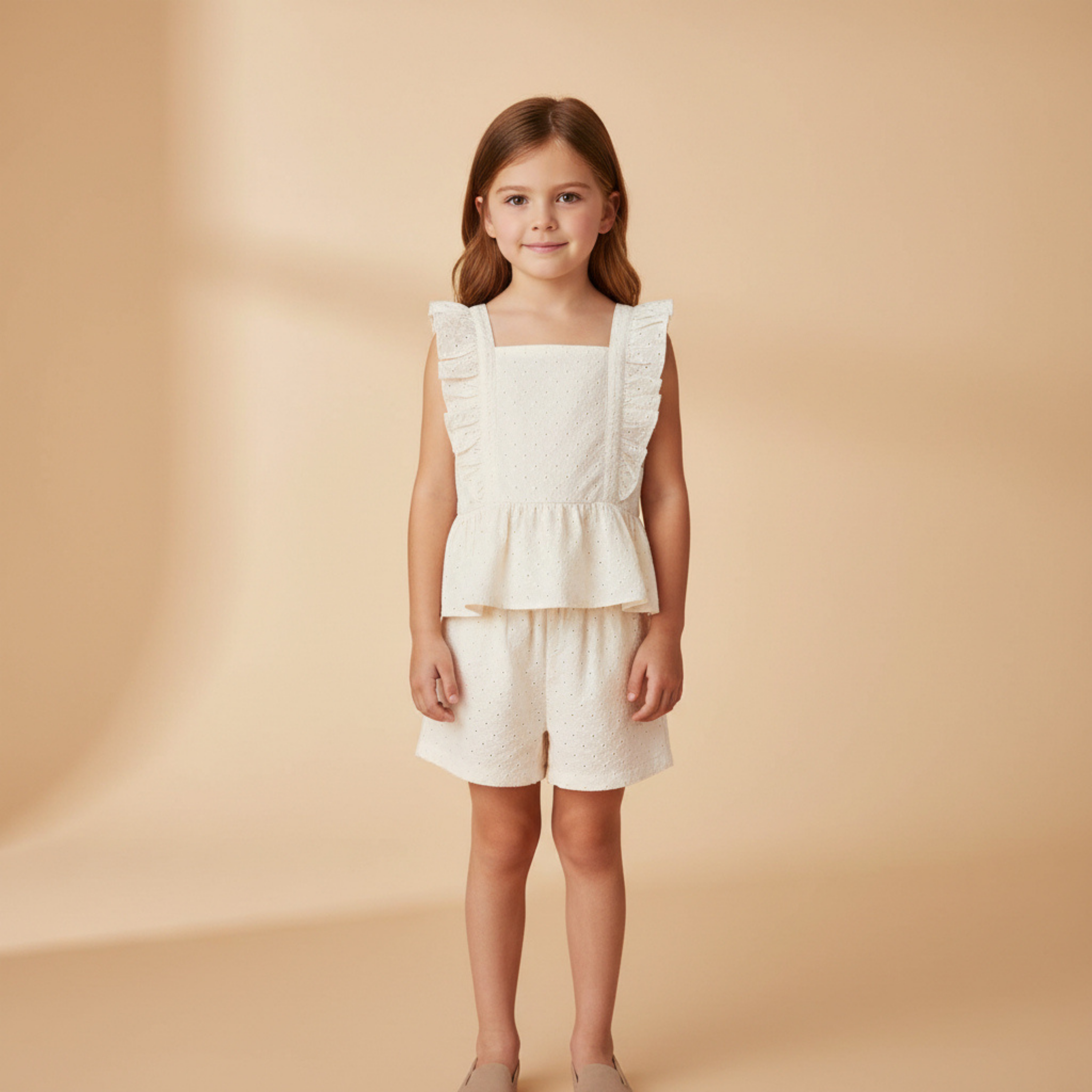Makemake Organics - Organic Eyelet Flutter Top And Shorts Set - Ivory Eyelet