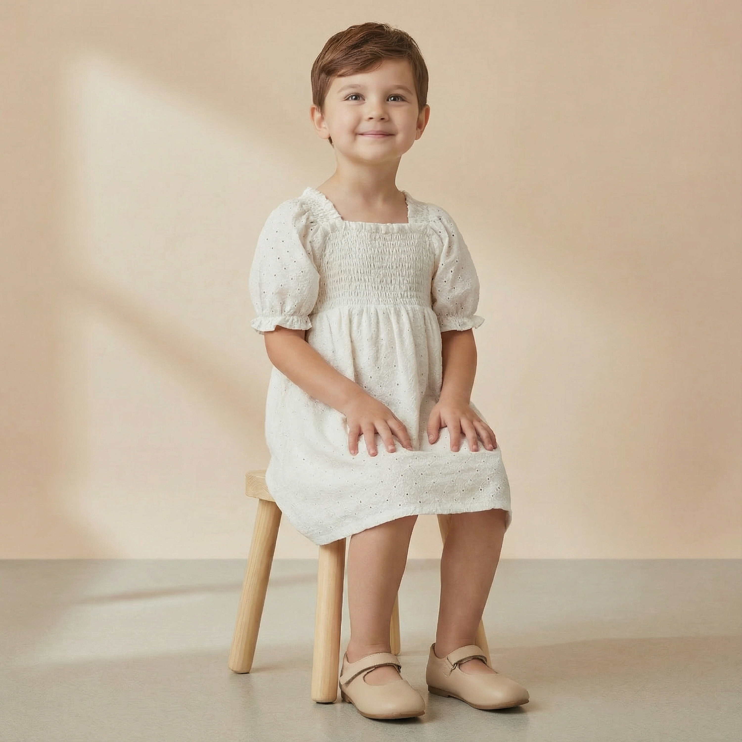 Makemake Organics - Organic Eyelet Bubble Sleeve Dress - Ivory Eyelet