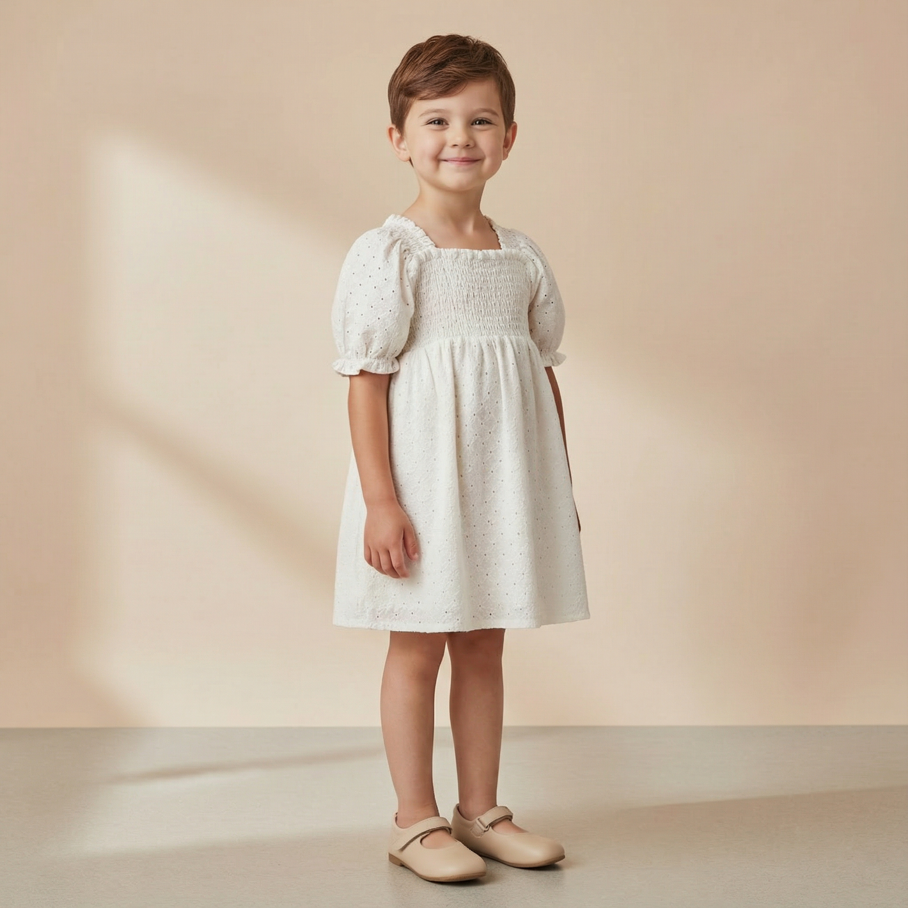 Young girl wearing a white dress with puff sleeves against a beige background
