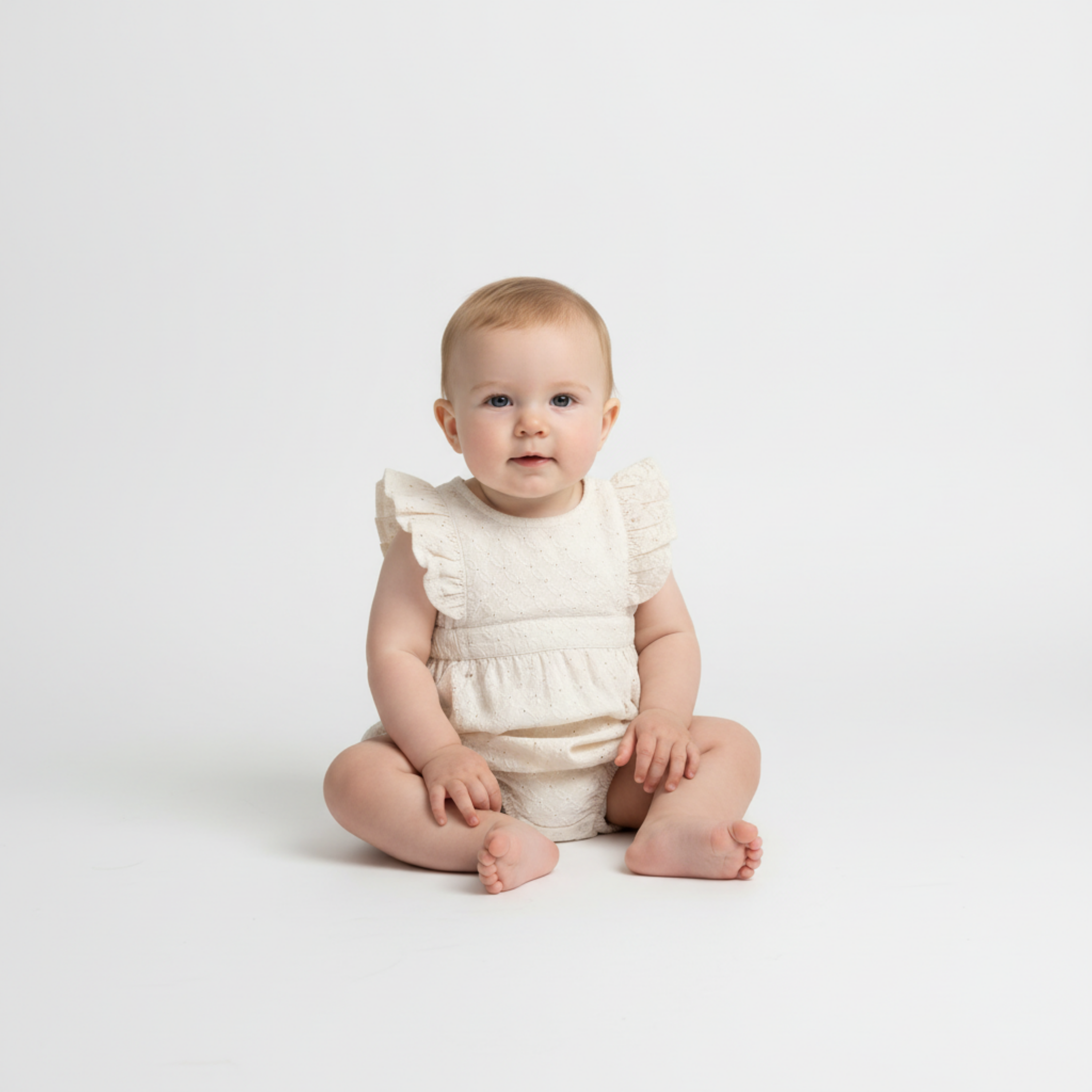 Makemake Organics - Organic Eyelet Flutter Romper- Ivory Eyelet