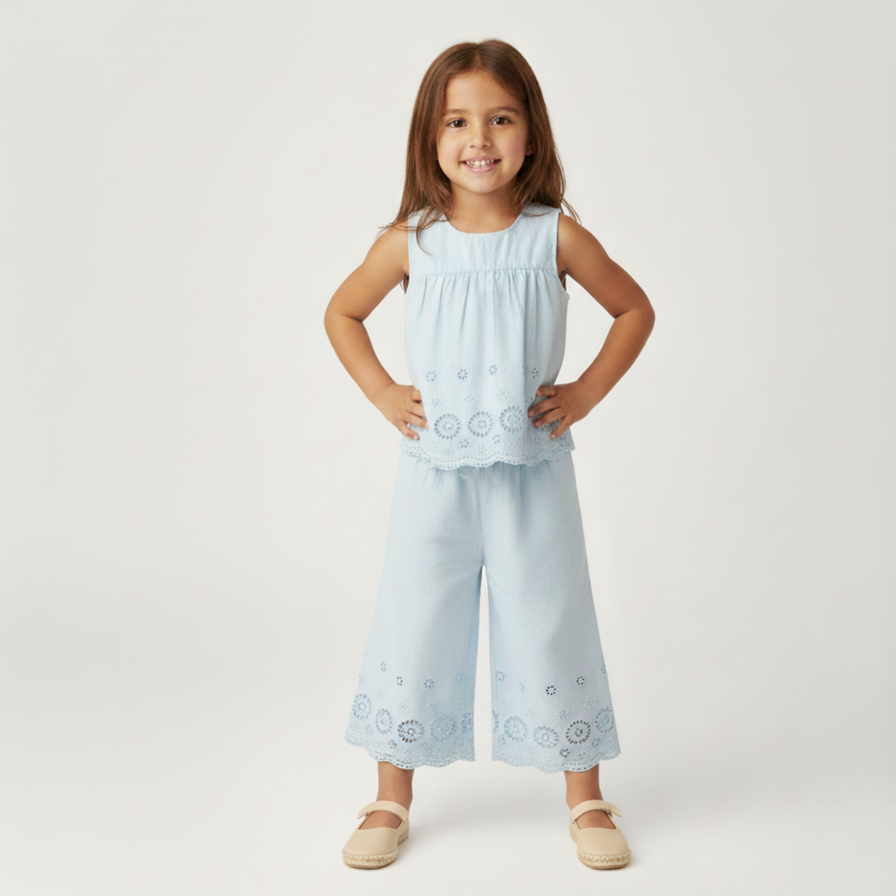 Makemake Organics - Organic Eyelet Top And Pant Set - Light Blue Eyelet
