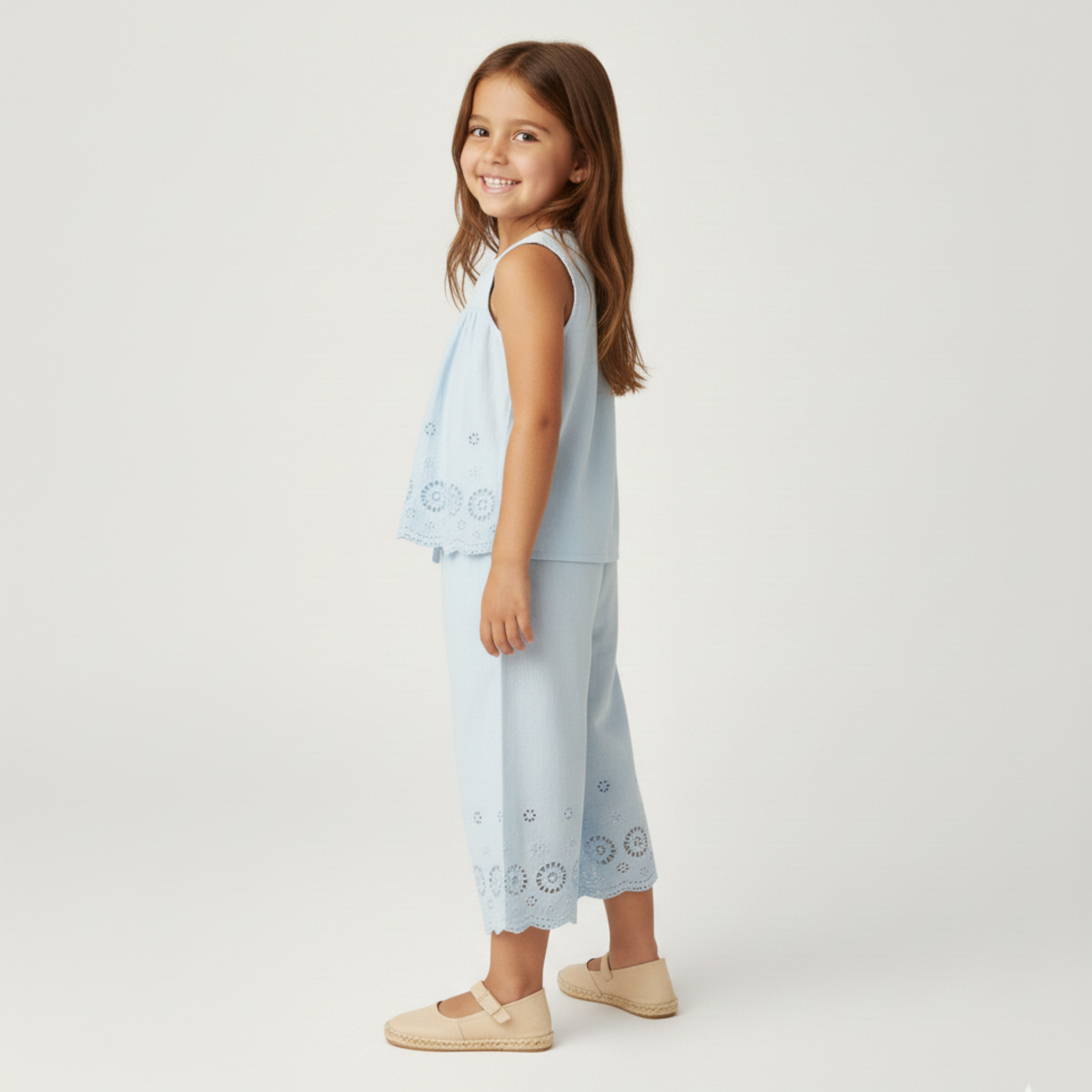 Makemake Organics - Organic Eyelet Top And Pant Set - Light Blue Eyelet