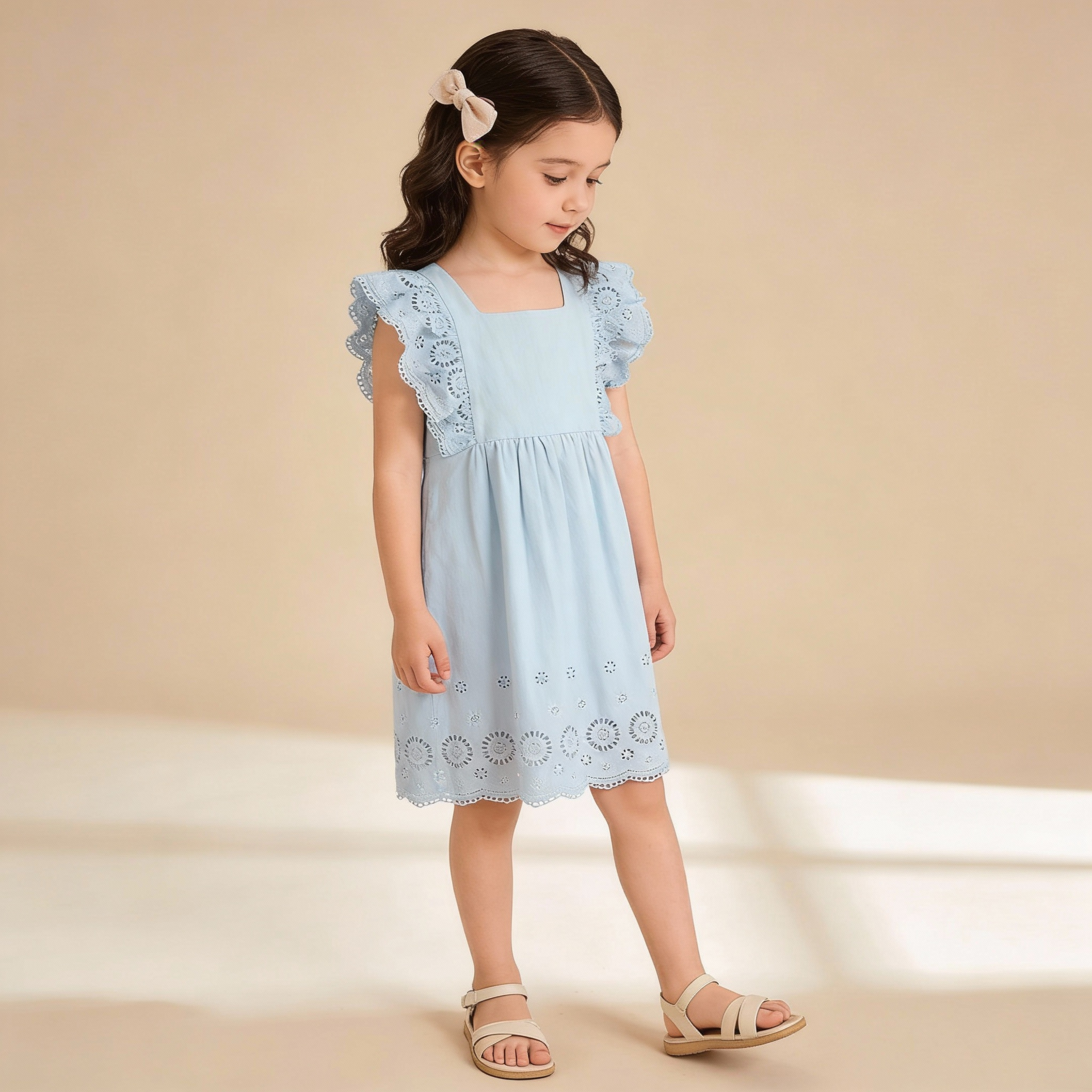 Makemake Organics - Organic Eyelet Flutter Dress - Light Blue Eyelet