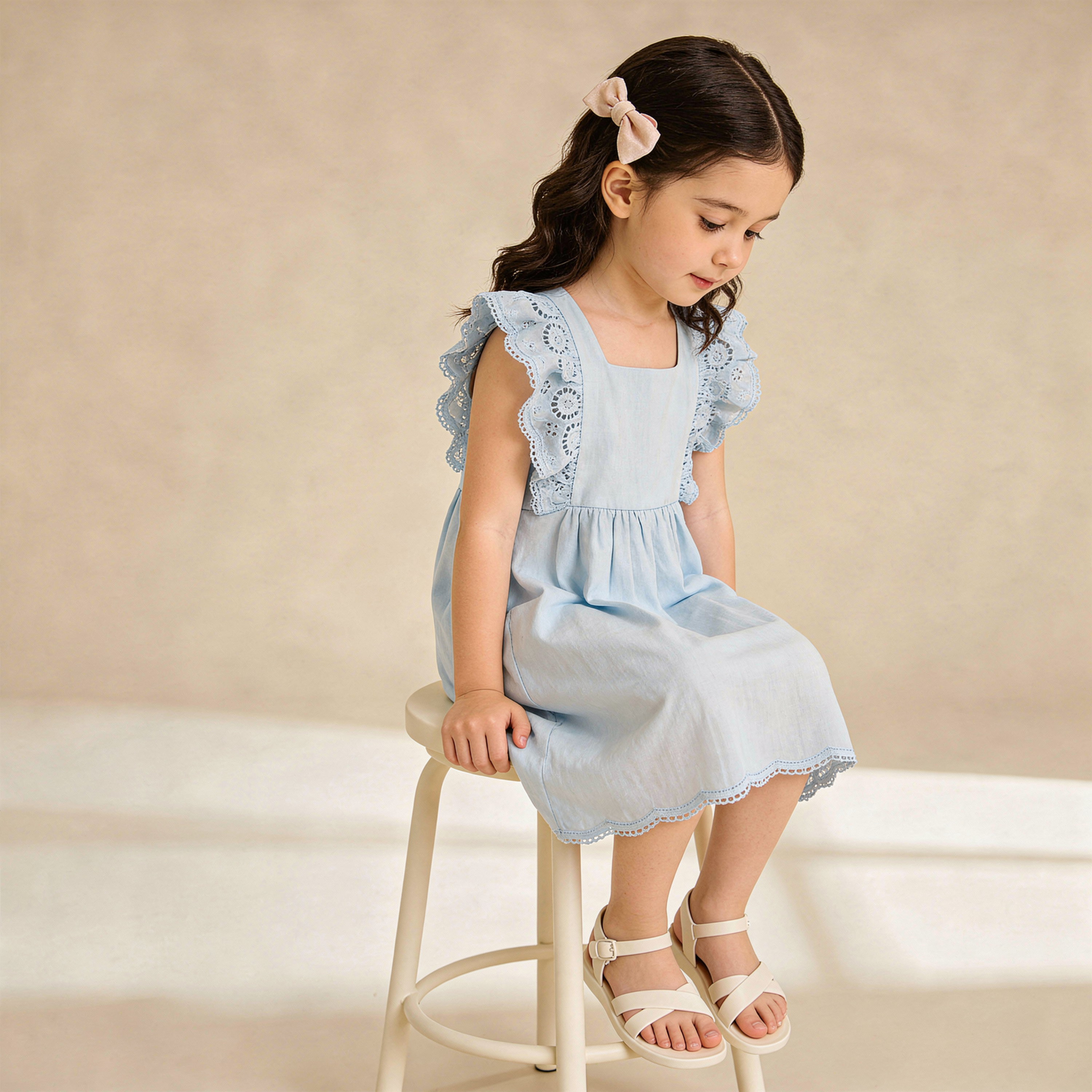 Makemake Organics - Organic Eyelet Flutter Dress - Light Blue Eyelet