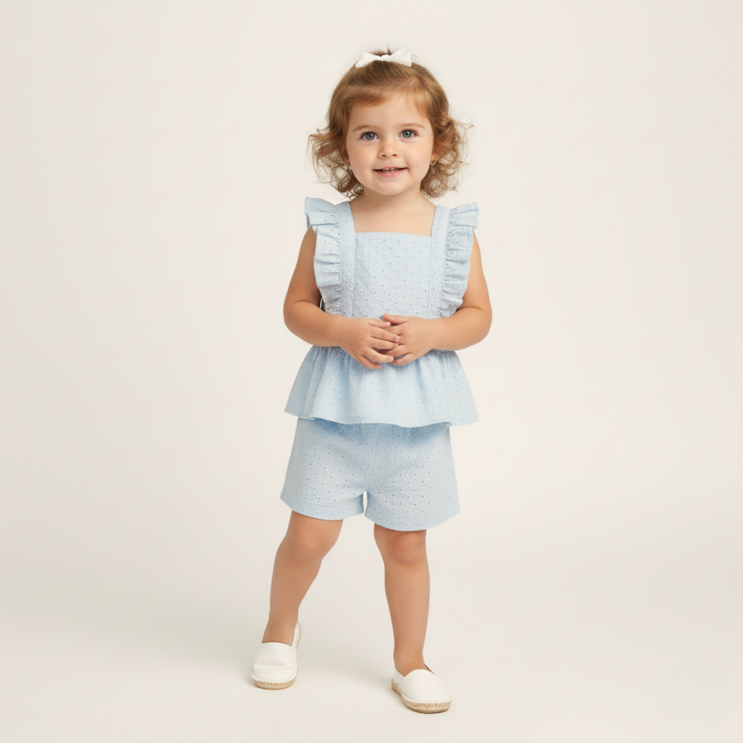 Makemake Organics - Organic Eyelet Flutter Top And Shorts Set - Light Blue Eyelet
