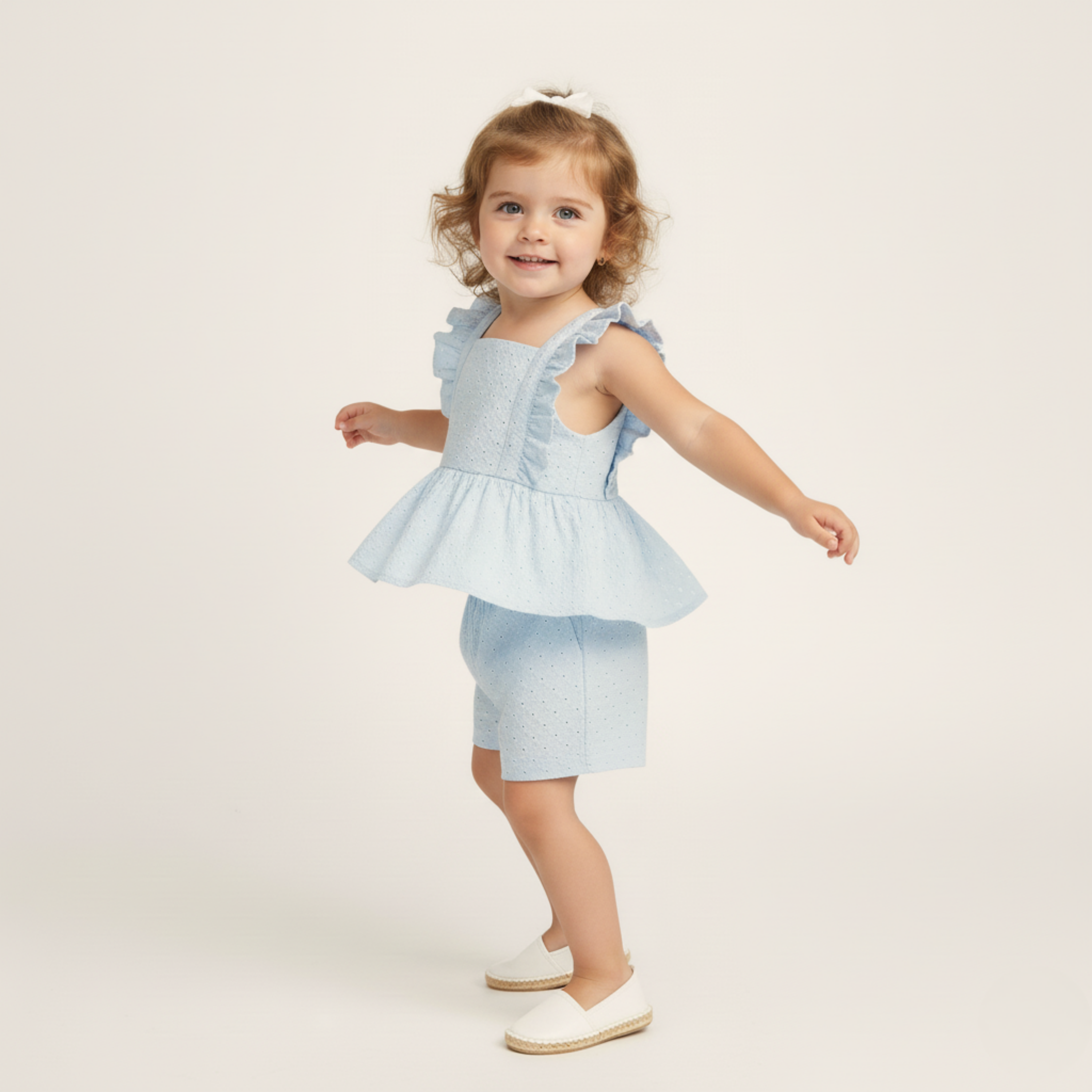 Makemake Organics - Organic Eyelet Flutter Top And Shorts Set - Light Blue Eyelet