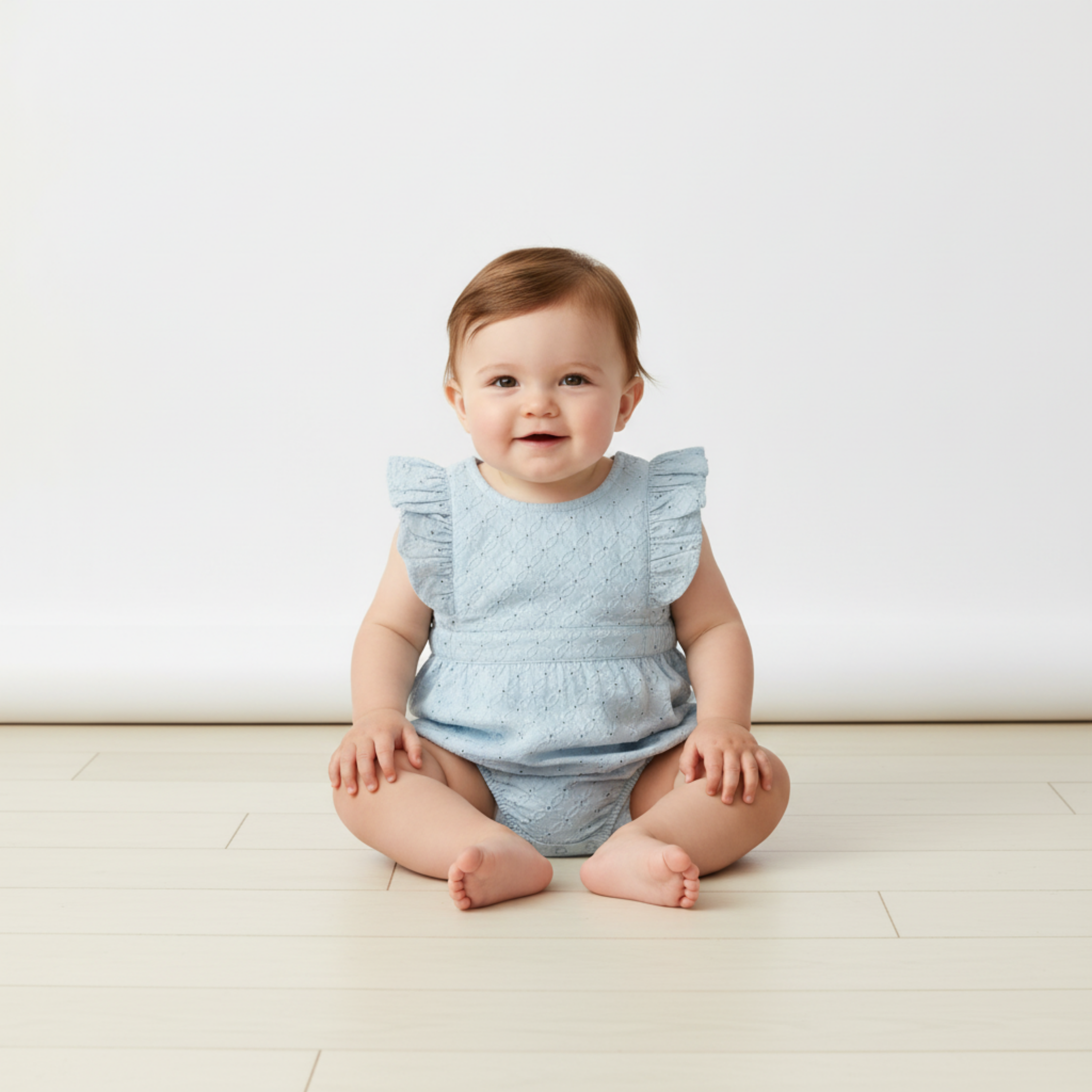 Makemake Organics - Organic Eyelet Flutter Romper - Light Blue Eyelet