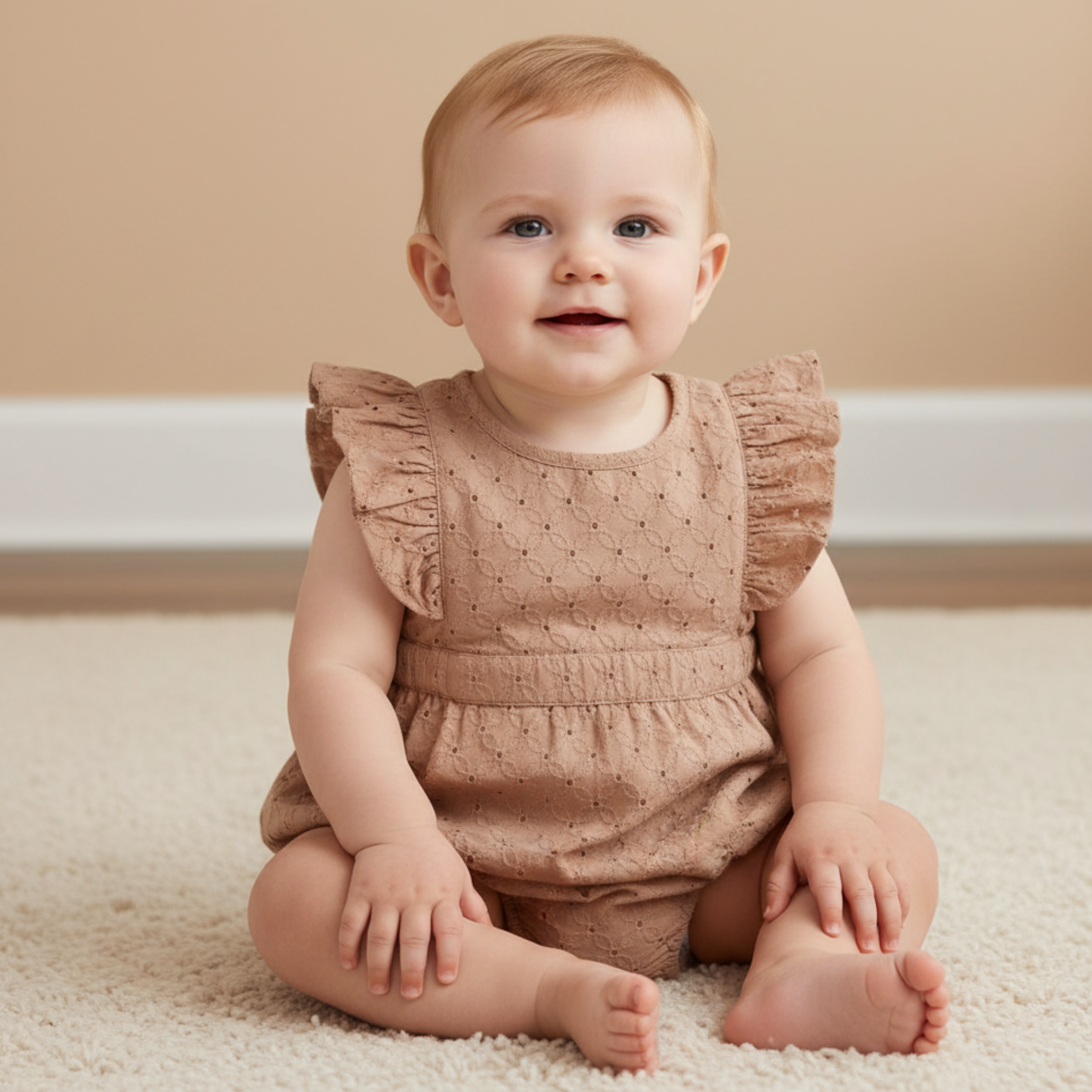 Makemake Organics - Organic Eyelet Flutter Romper - Clay Eyelet