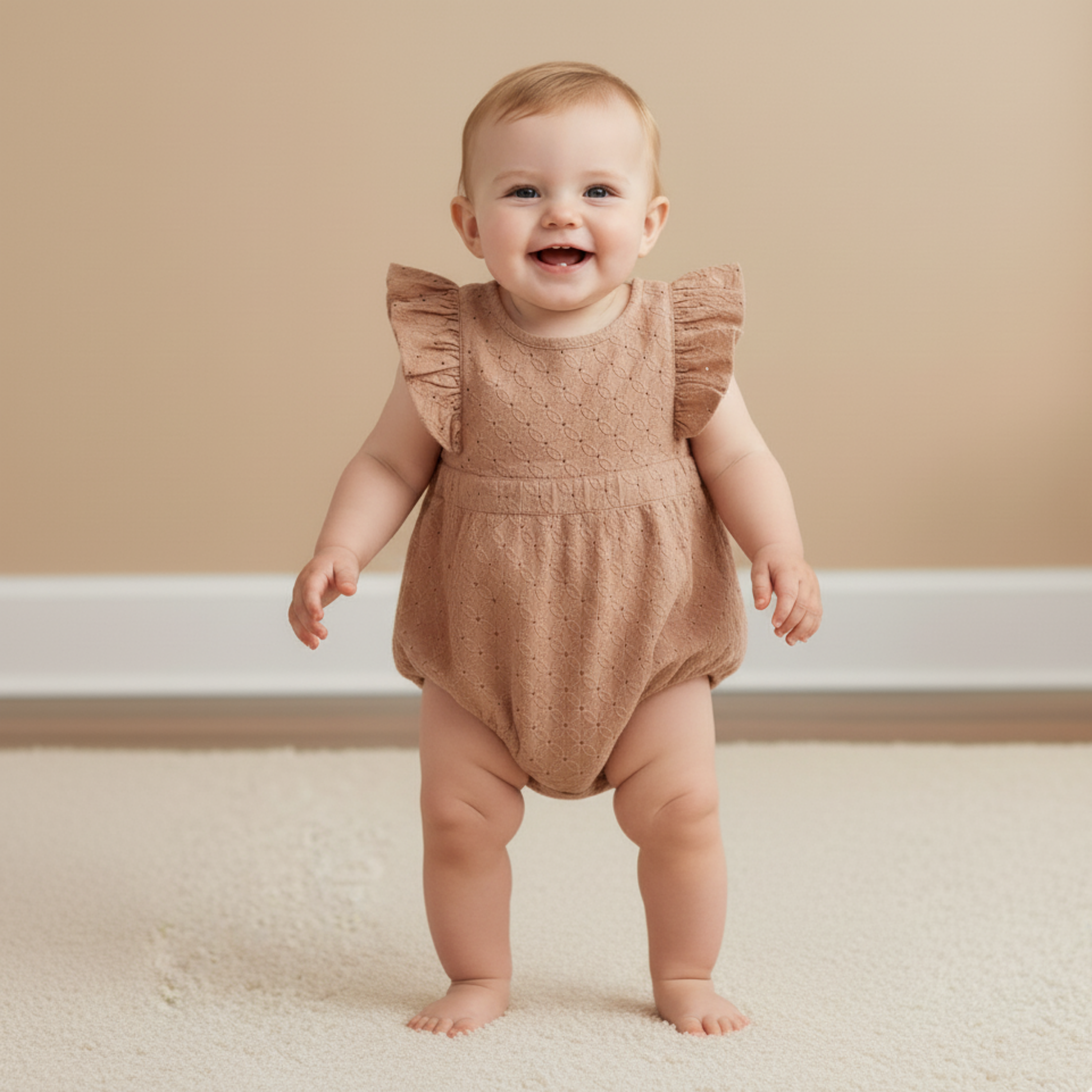 Makemake Organics - Organic Eyelet Flutter Romper - Clay Eyelet
