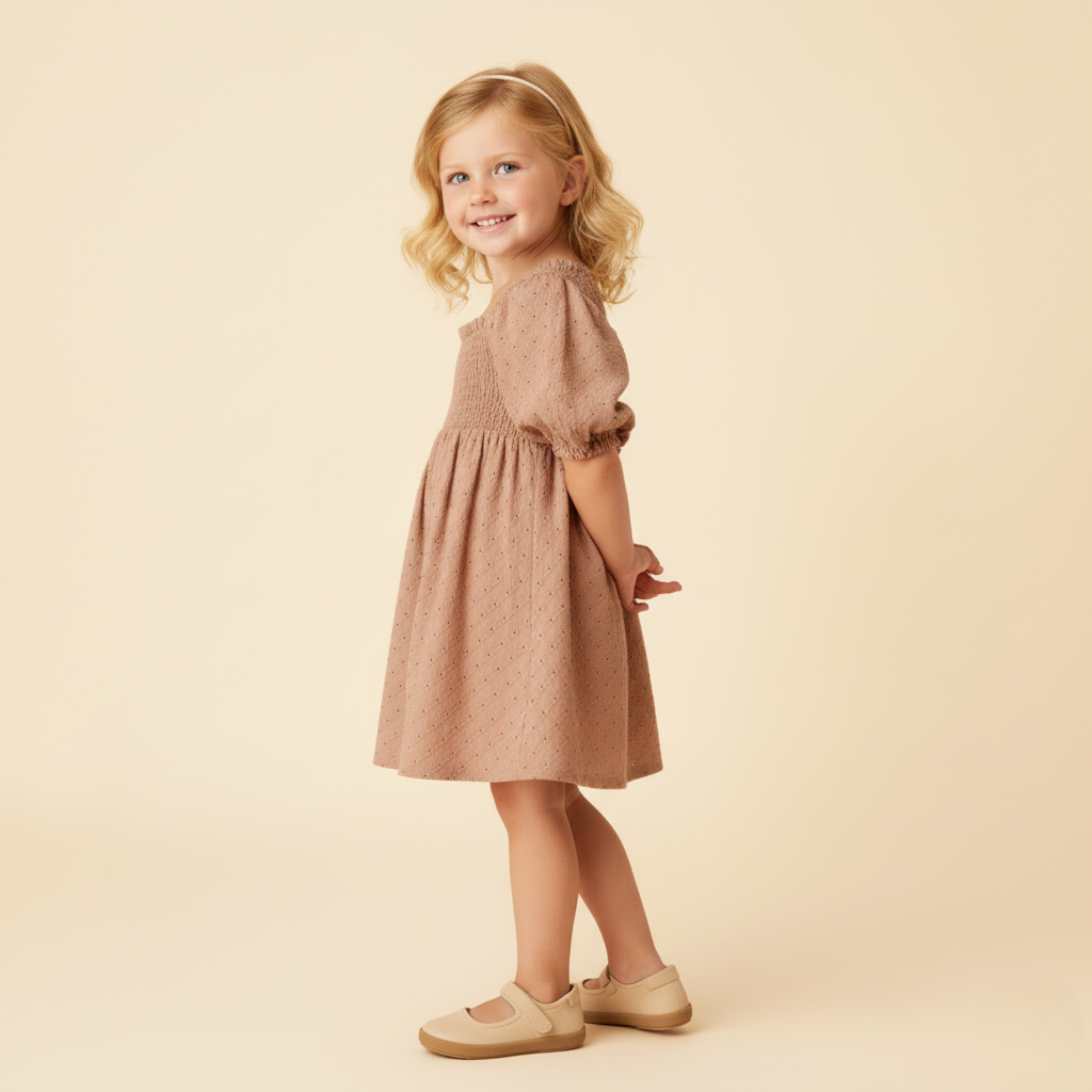 Makemake Organics - Organic Eyelet Bubble Sleeve Dress - Clay Eyelet