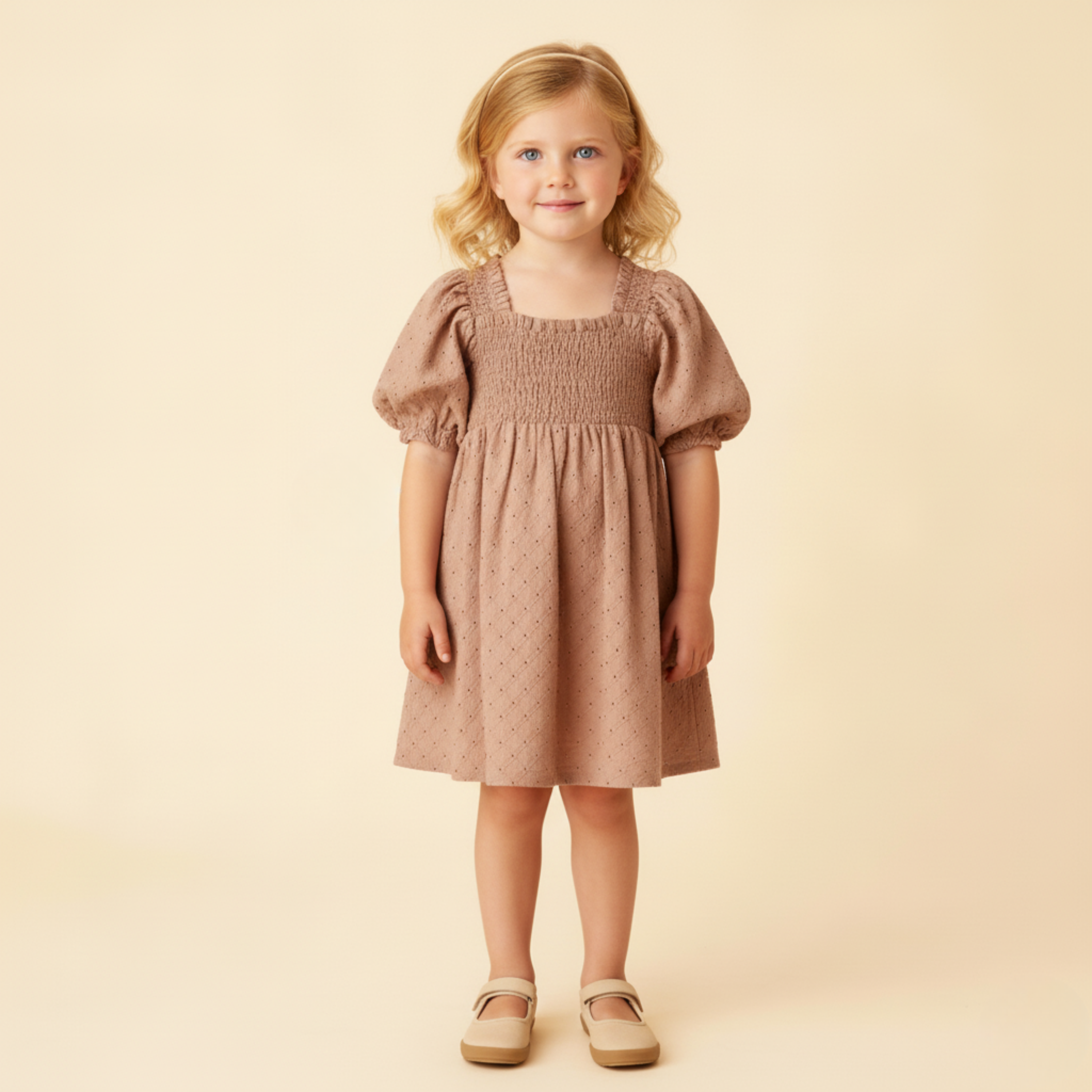Young girl wearing a brown dress against a beige background