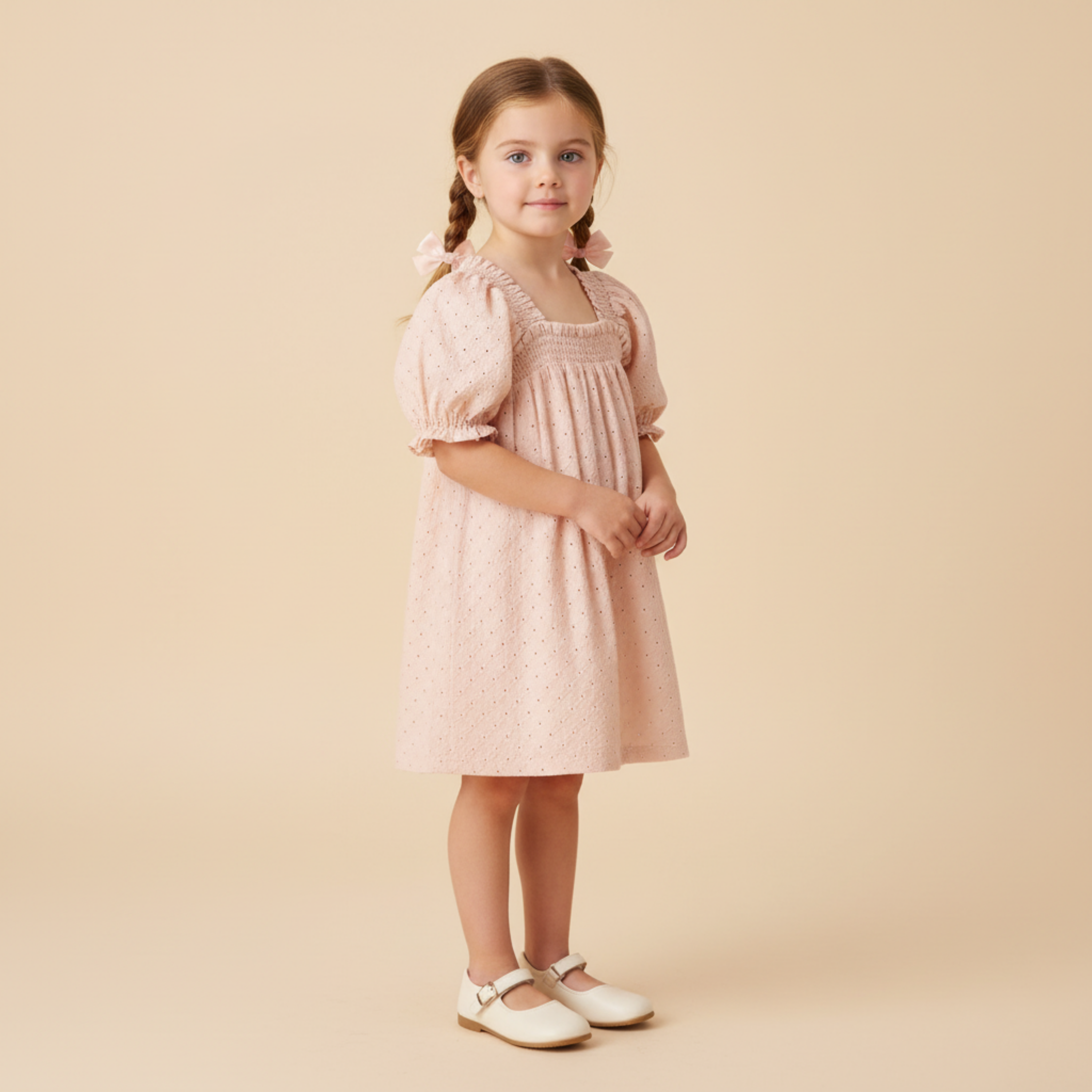 Makemake Organics - Organic Eyelet Bubble Sleeve Dress - Blush Eyelet