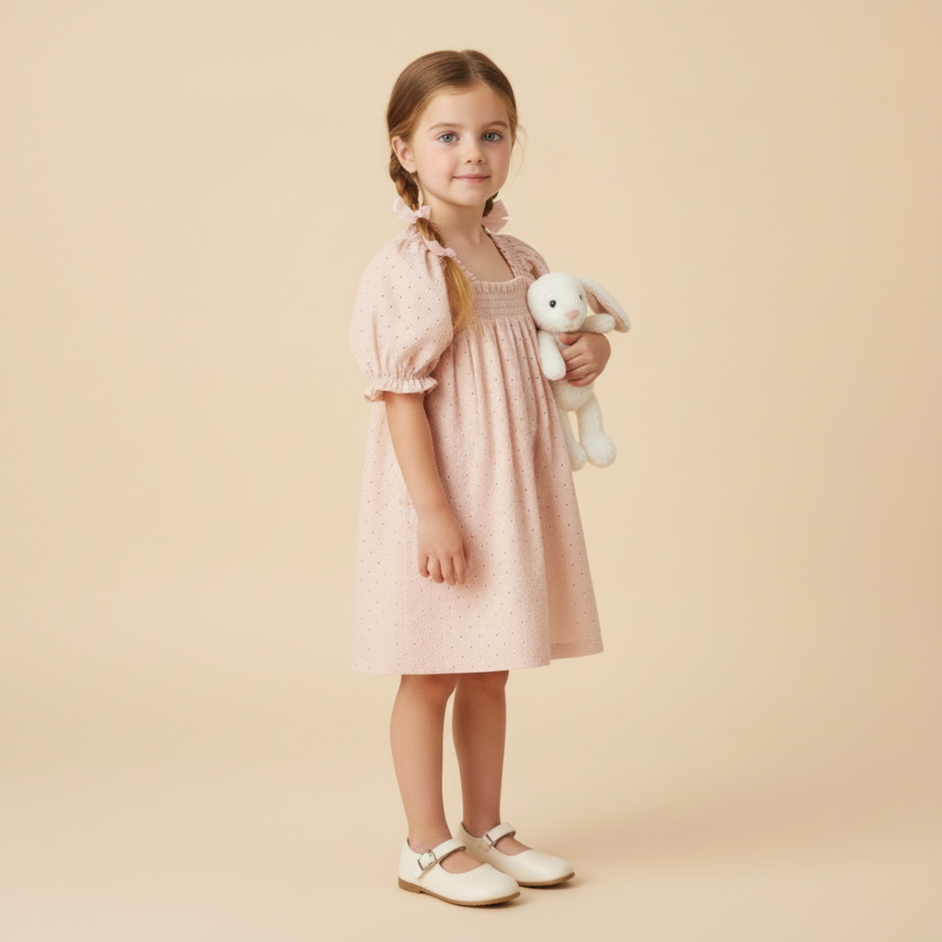 Young girl in a pink dress holding a white teddy bear against a beige background