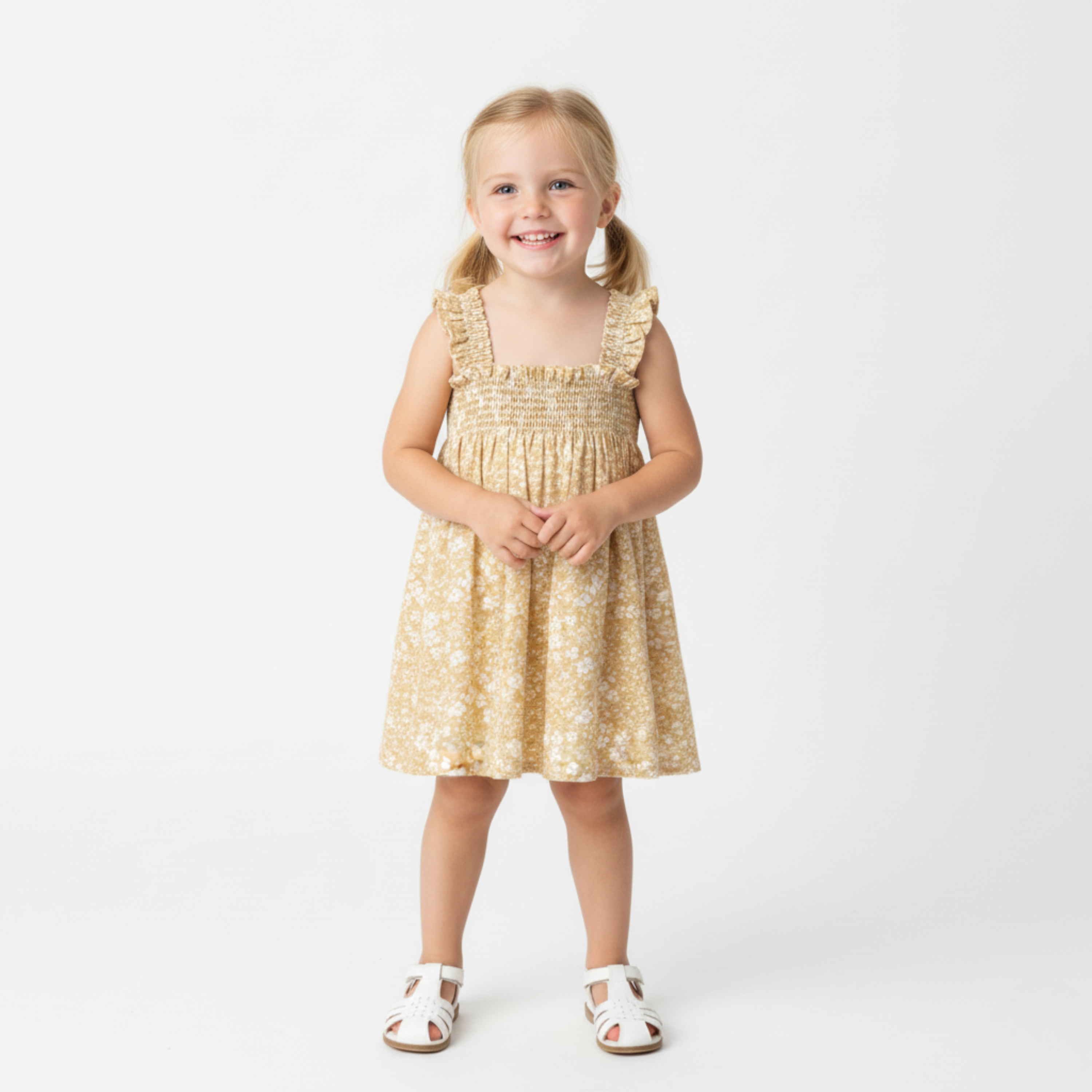 Young girl wearing a yellow floral dress on a white background