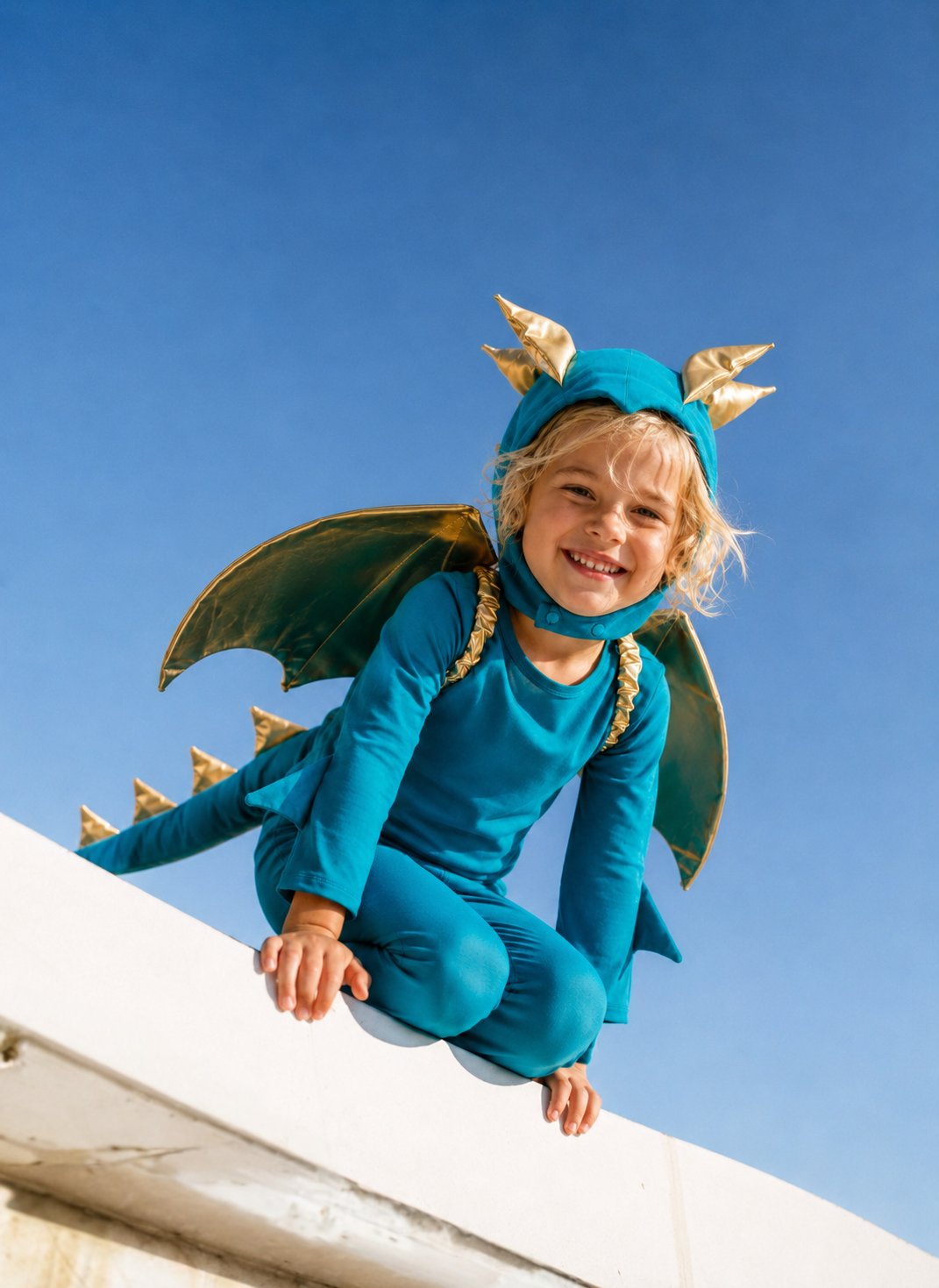 Child in a blue dragon costume against a clear blue sky