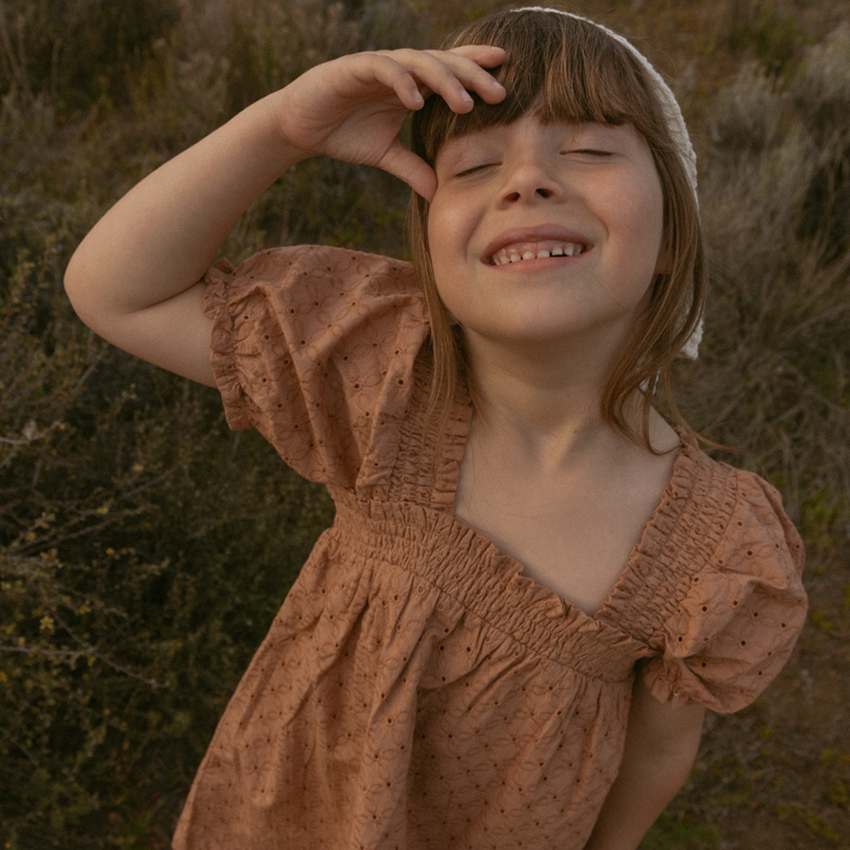 Makemake Organics - Organic Eyelet Bubble Sleeve Dress - Clay Eyelet