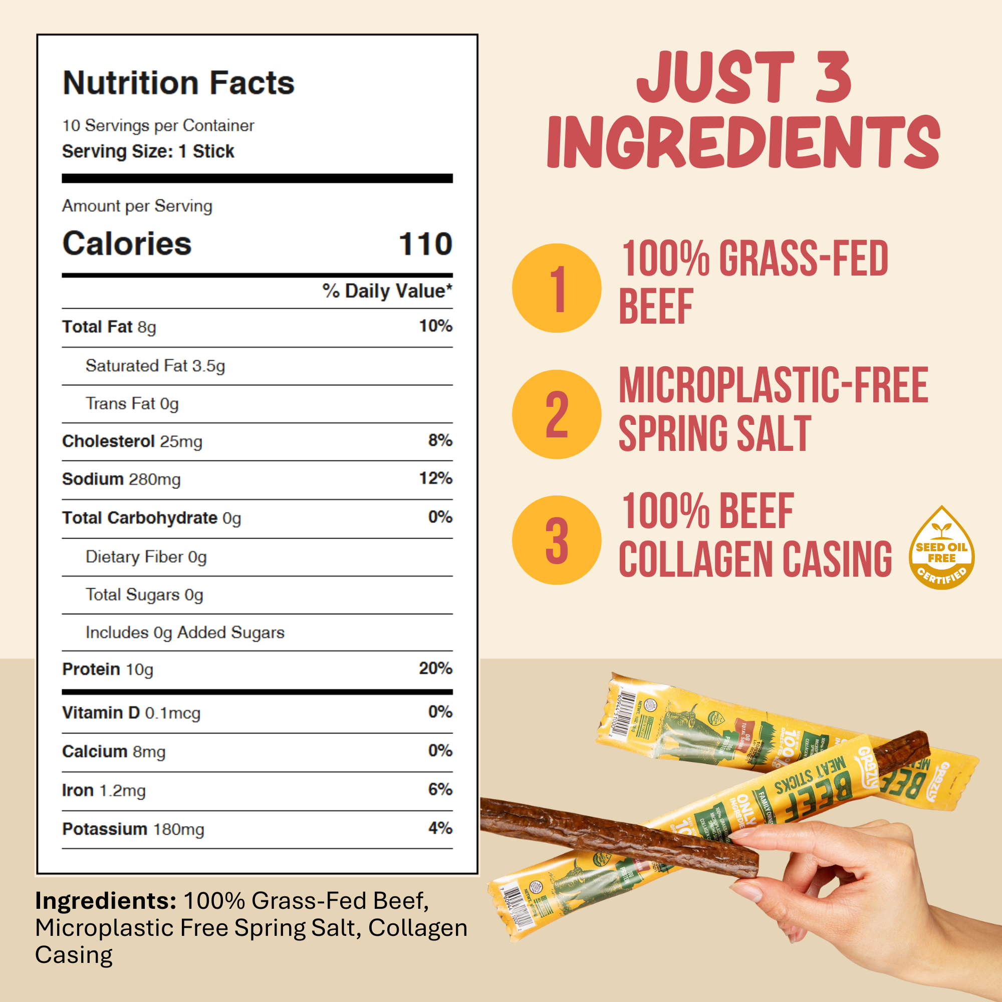 Grazly Plain Beef Meat Sticks - 100% Grass-Fed & Finished