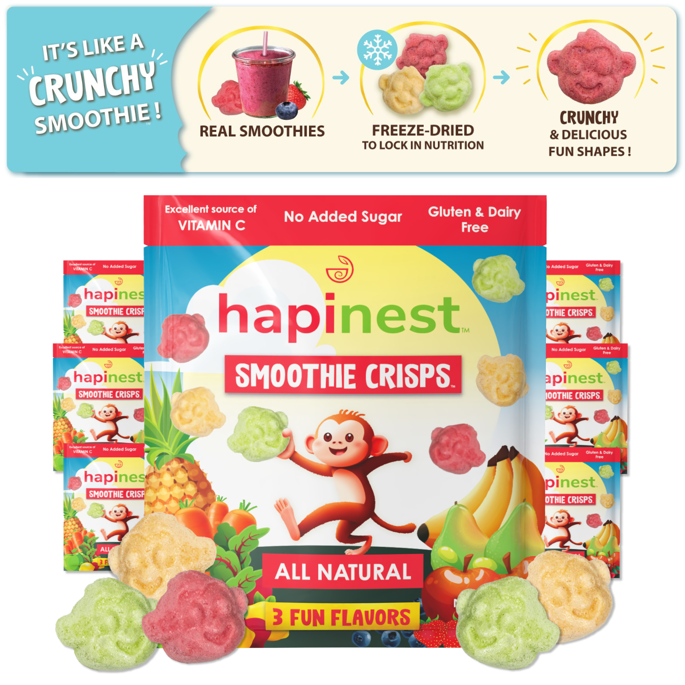 Hapines Smoothie Crisps packaging with colorful graphics and text.