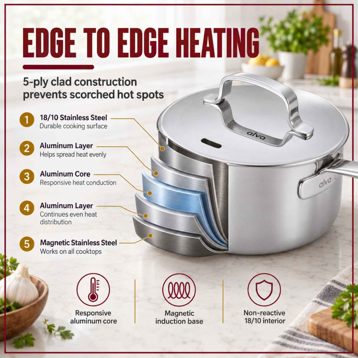 Alva Cookware 5-Ply Stainless Steel Saucepan with Lid