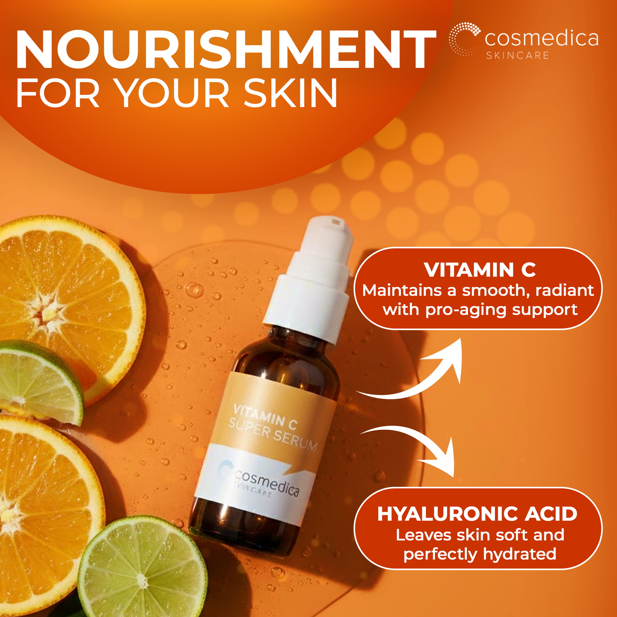 Cosmedica Skincare Vitamin C Serum for Face with Hyaluronic Acid – Anti Aging Serum for Dark Spots, Fine Lines, Wrinkles – Hydrating Collagen Booster for Women & Men