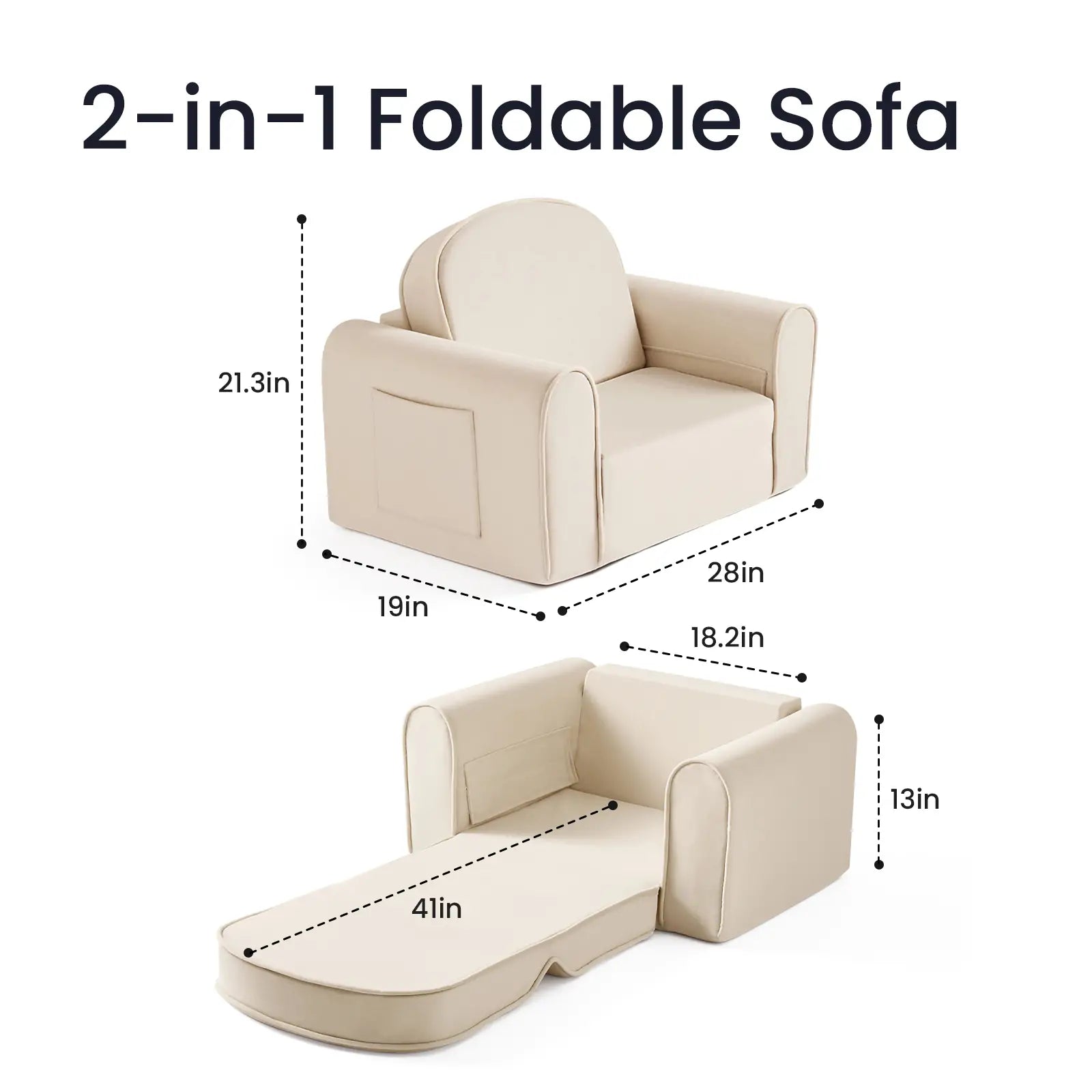 2-in-1 foldable sofa with dimensions on a white background