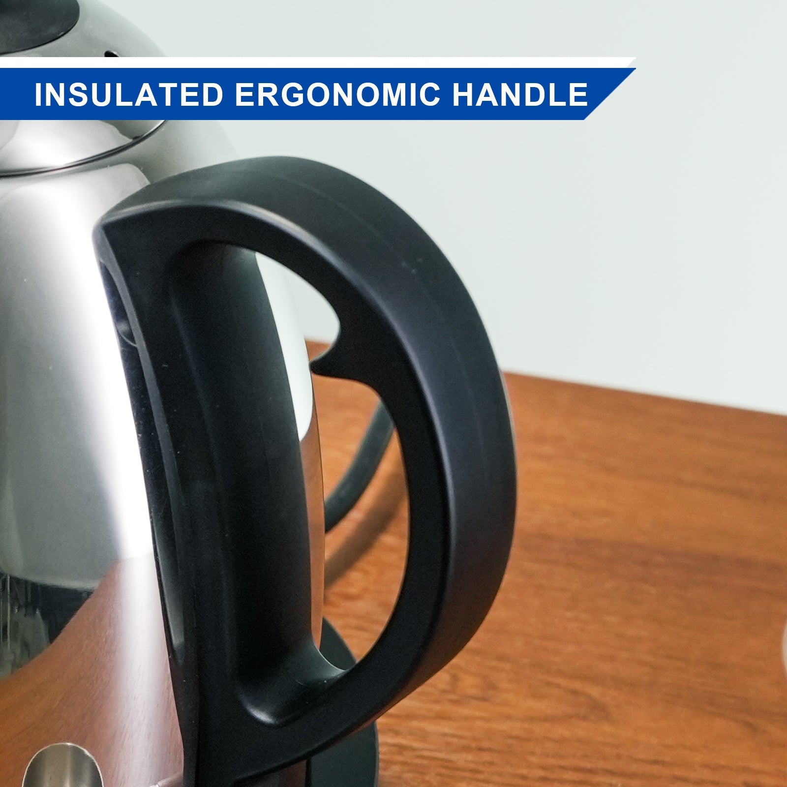 Close-up of an insulated ergonomic handle on a kitchen appliance with text overlay.