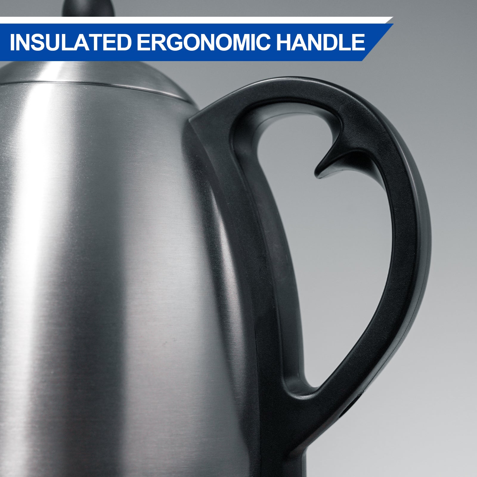 Stainless steel kettle with insulated ergonomic handle on a gray background