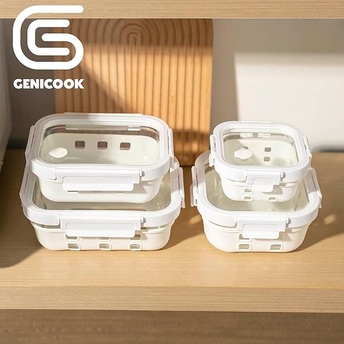 Set of white food storage containers on a wooden surface with Genicook logo.