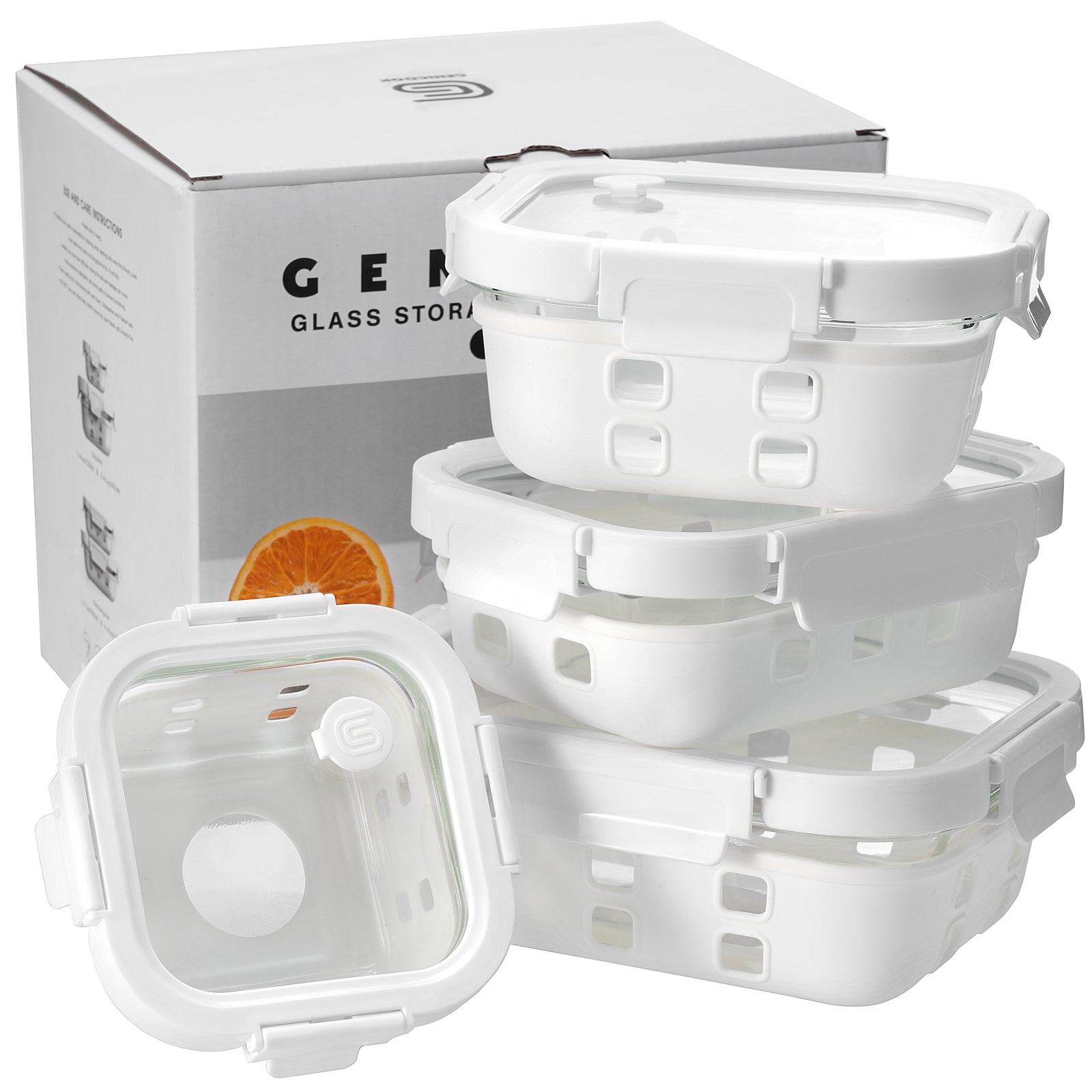 Set of white glass storage containers with lids in front of a 'GEORG' branded box.