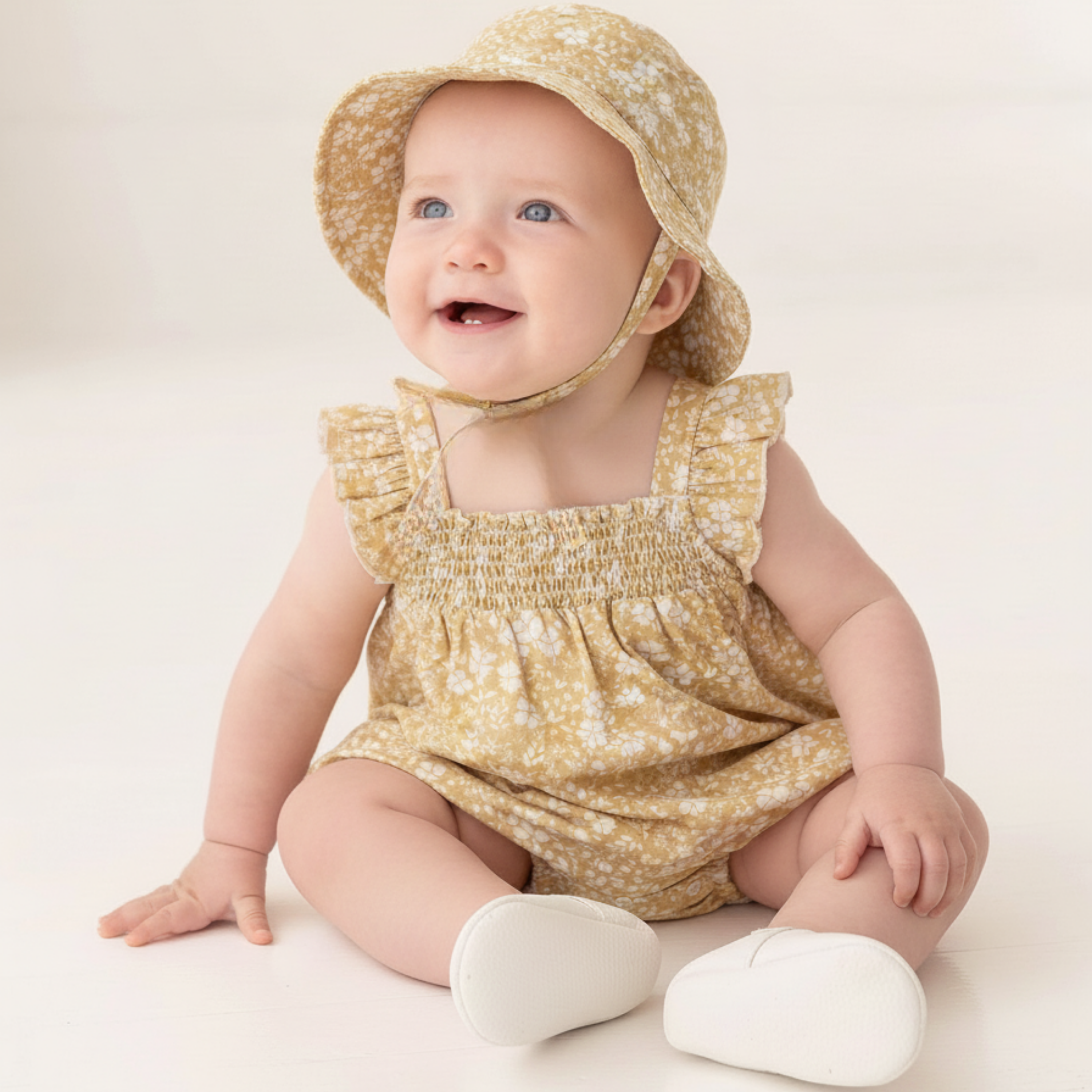 Makemake Organics - Organic Ruffle Sleeve Bubble Romper - Yellow Blossom