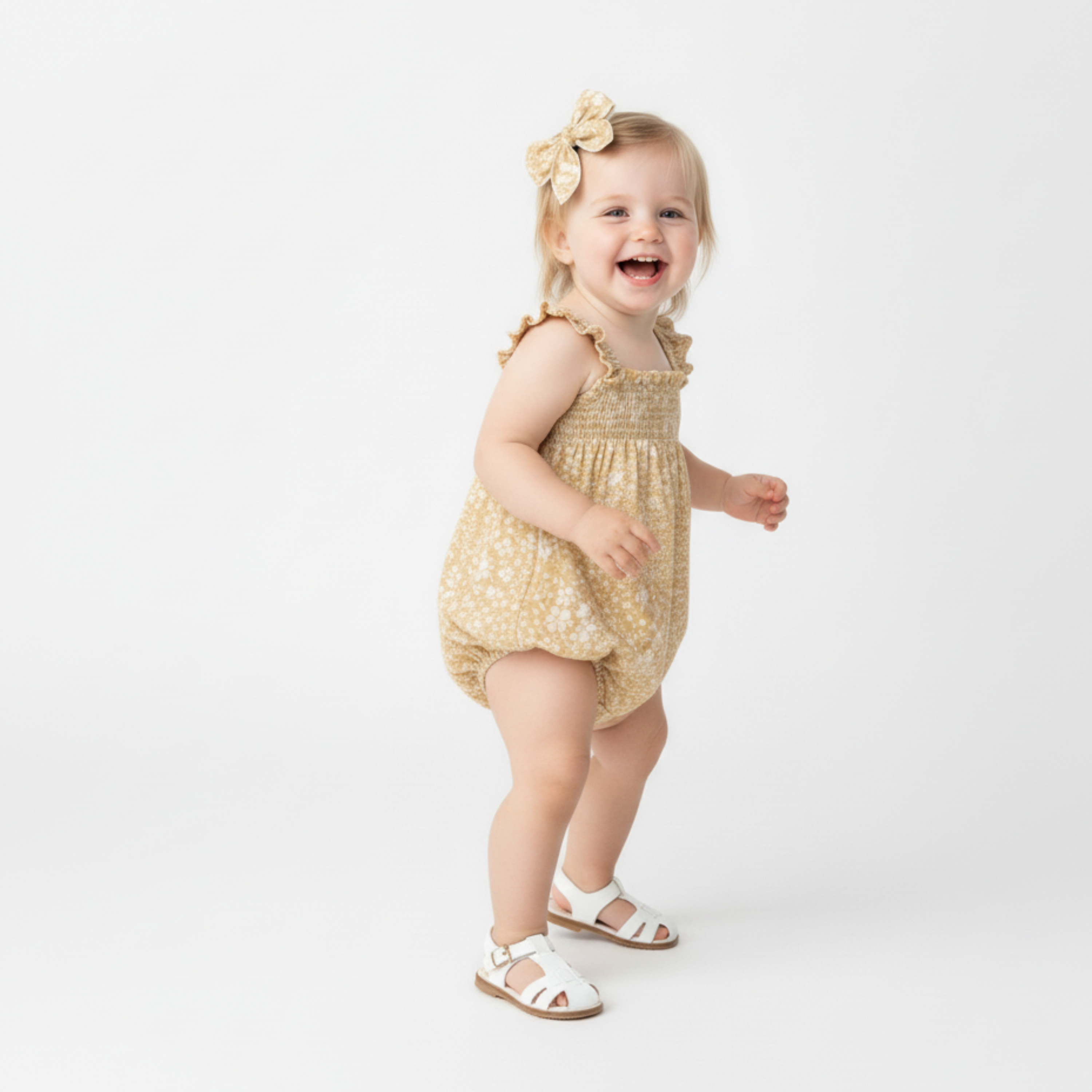 Makemake Organics - Organic Ruffle Sleeve Bubble Romper - Yellow Blossom