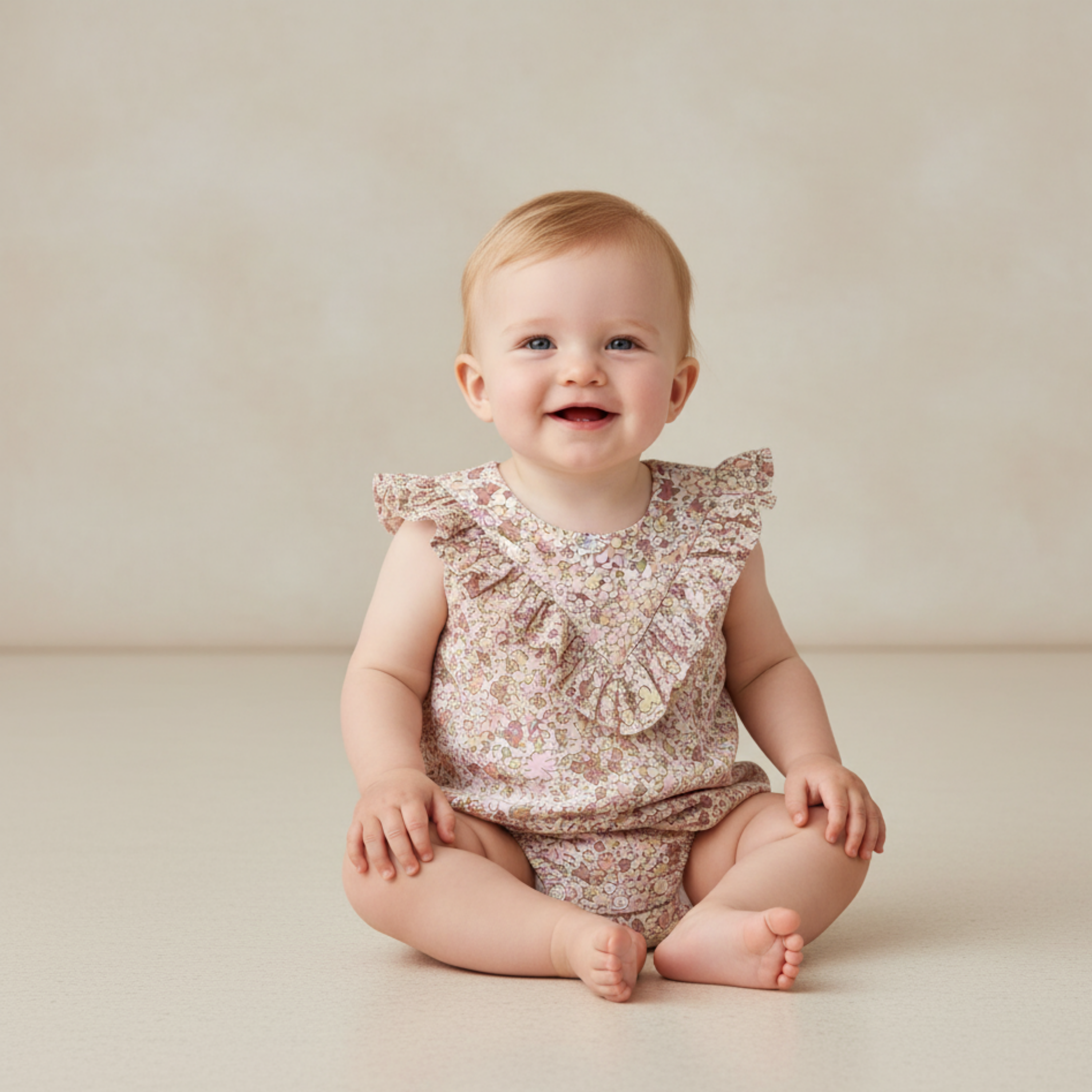 Makemake Organics - Organic Sleeveless Ruffle Bubble Romper - Pastel Bloom