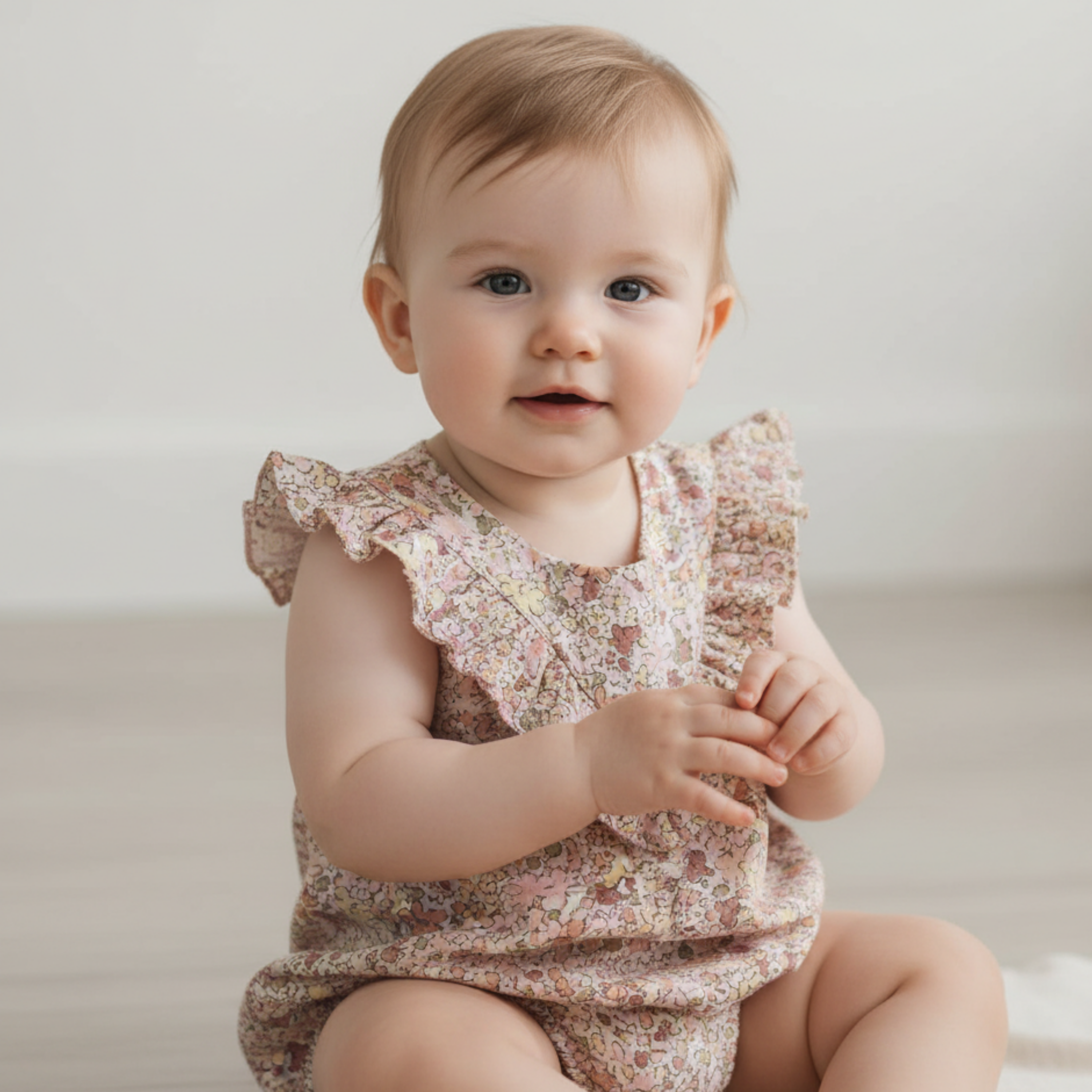 Makemake Organics - Organic Sleeveless Ruffle Bubble Romper - Pastel Bloom