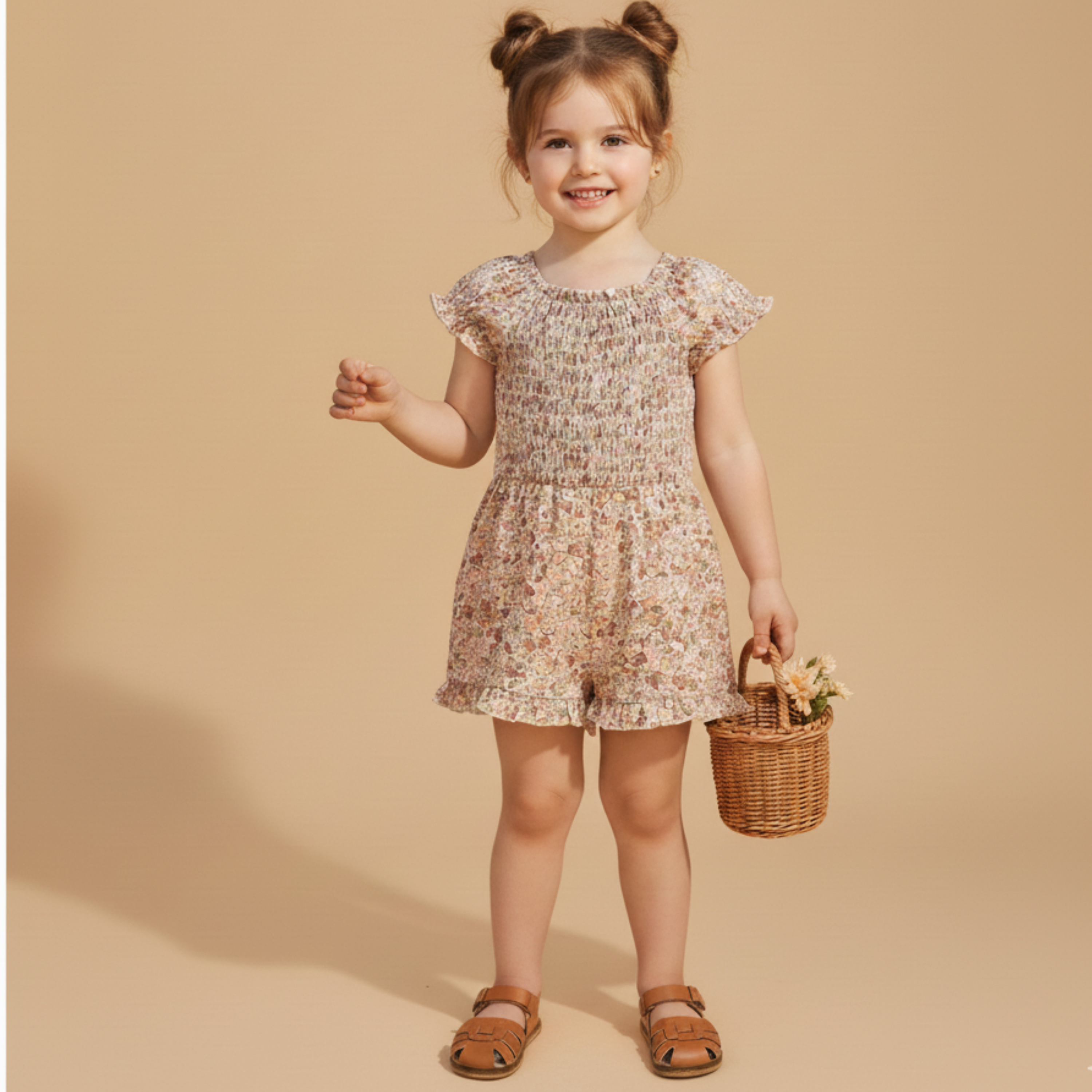 Makemake Organics - Organic Smocked Jumpsuit - Pastel Bloom