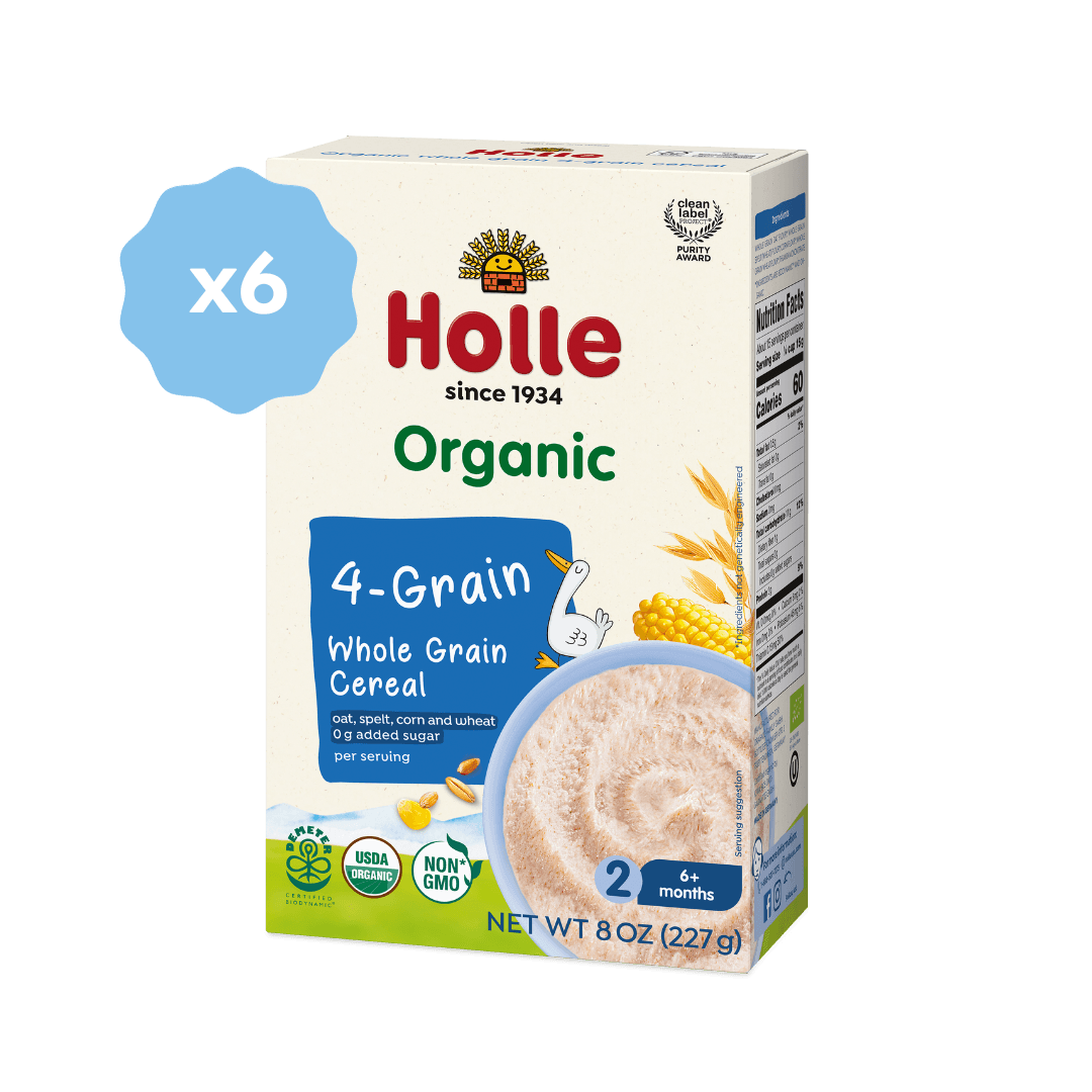 Box of Holle Organic 4-Grain Whole Grain Cereal with a blue label on a dark gray background